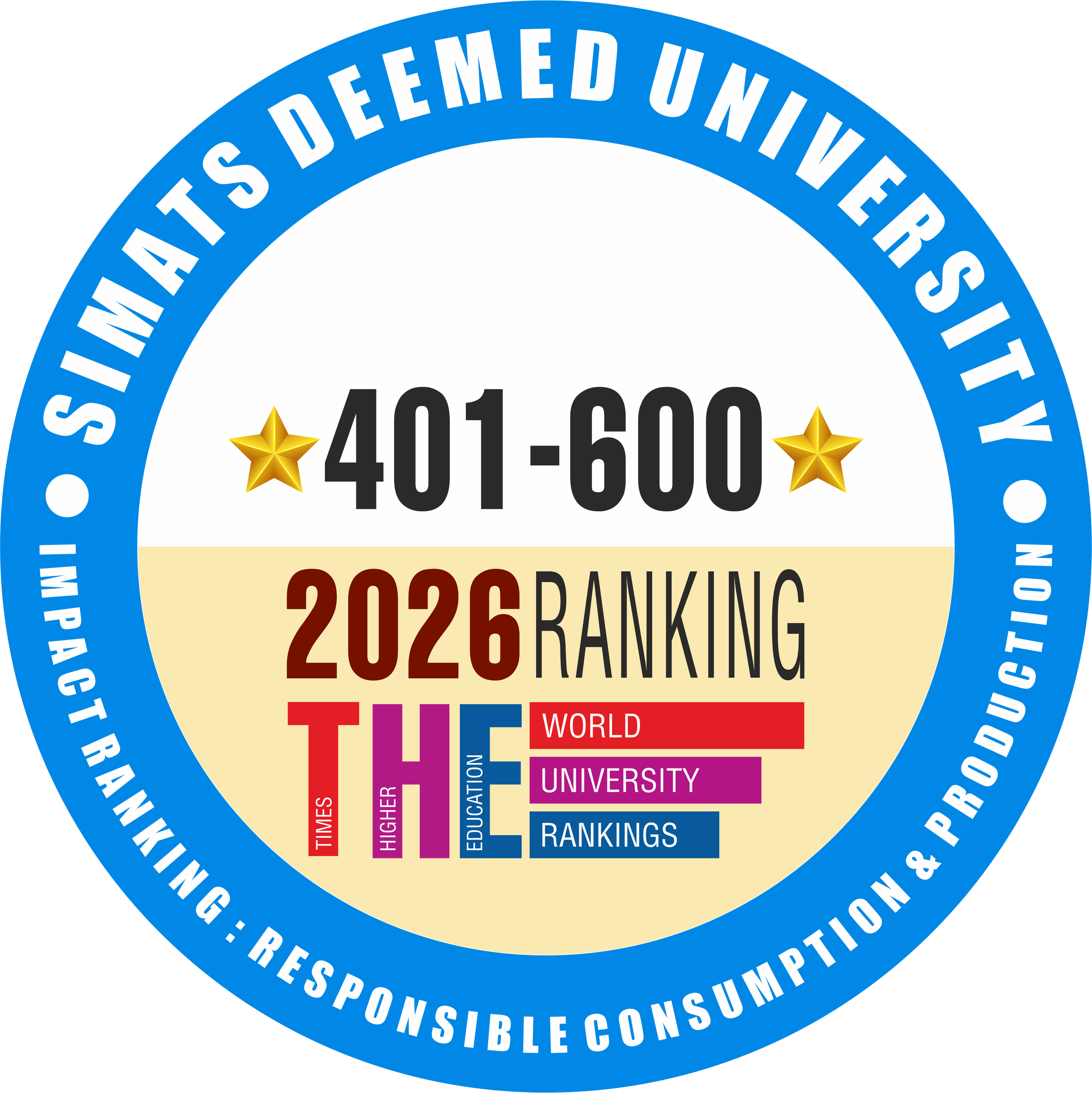 SIMATS has achieved a 401–600 global rank in the Sustainability Impact Ratings 2026 under SDG 12: Responsible Consumption and Production. This recognition reflects SIMATS' commitment to promoting sustainable resource management, responsible productio