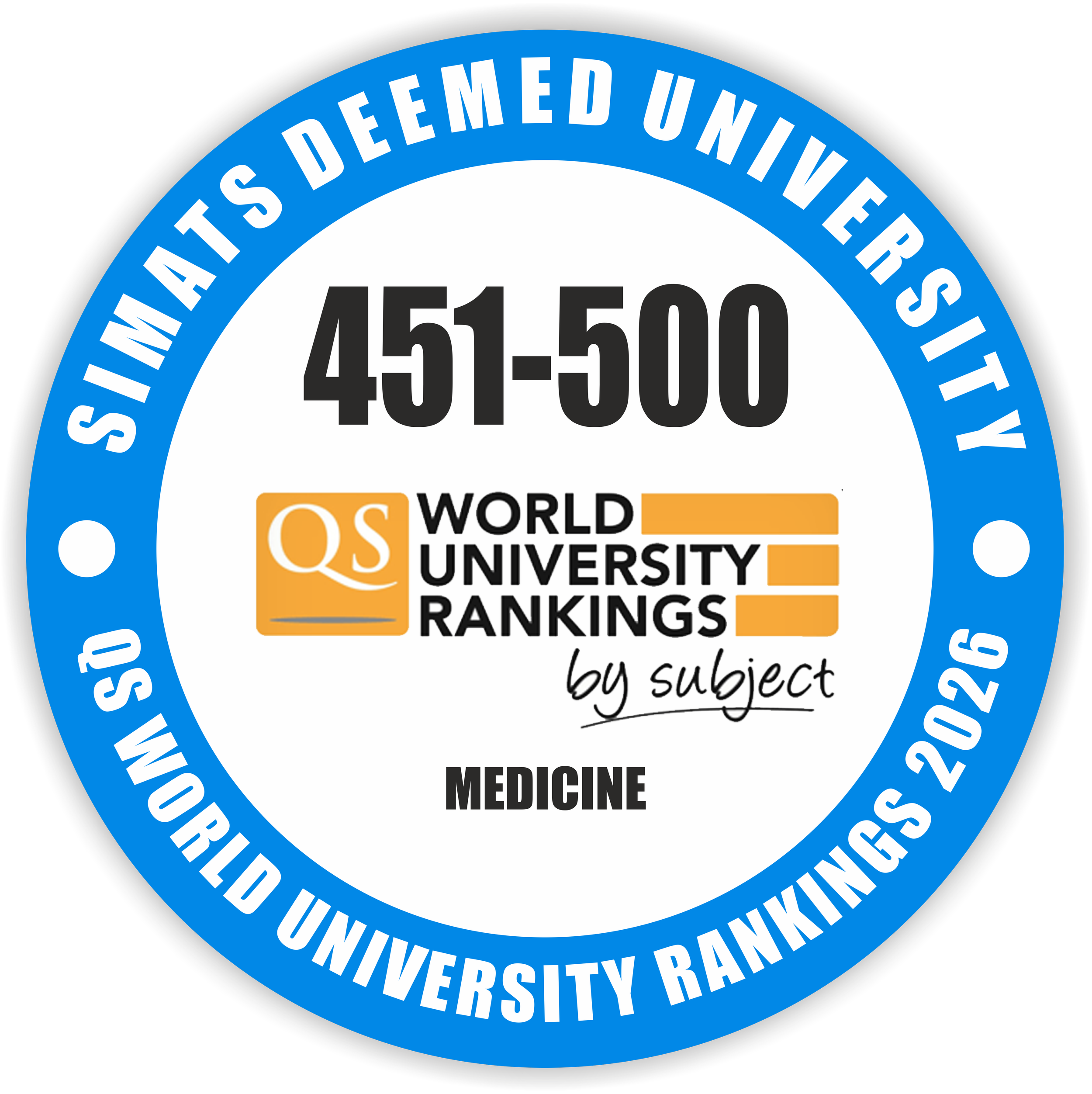 Saveetha Institute of Medical and Technical Sciences (SIMATS) Is Ranked 451–500 Globally in Medicine in the Qs World University Rankings by Subject.