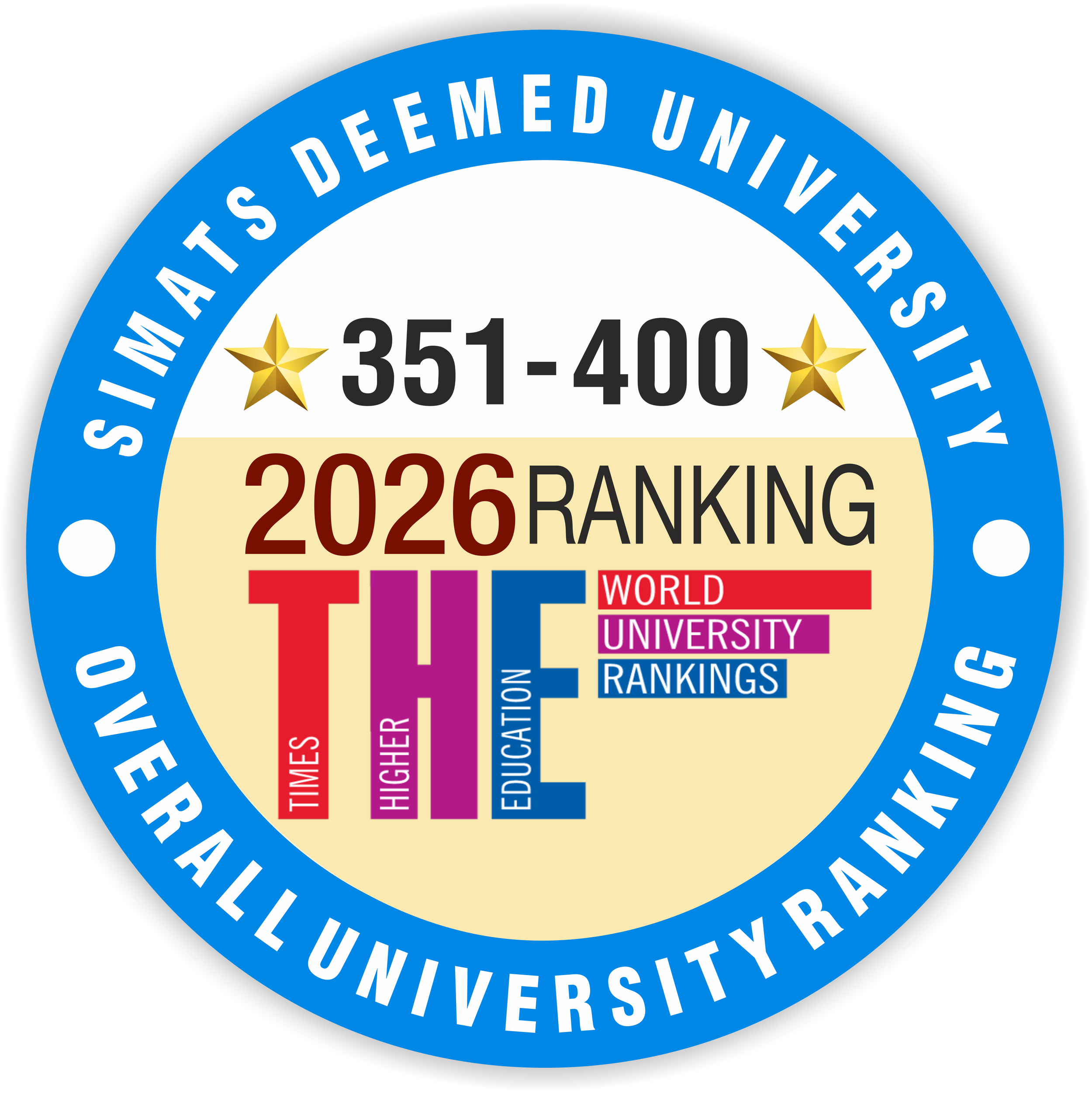 Saveetha Institute of Medical and Technical Sciences (SIMATS) has achieved a global rank of 351–400 and secured the 2nd position in Asia in the Times World University Rankings 2026. 