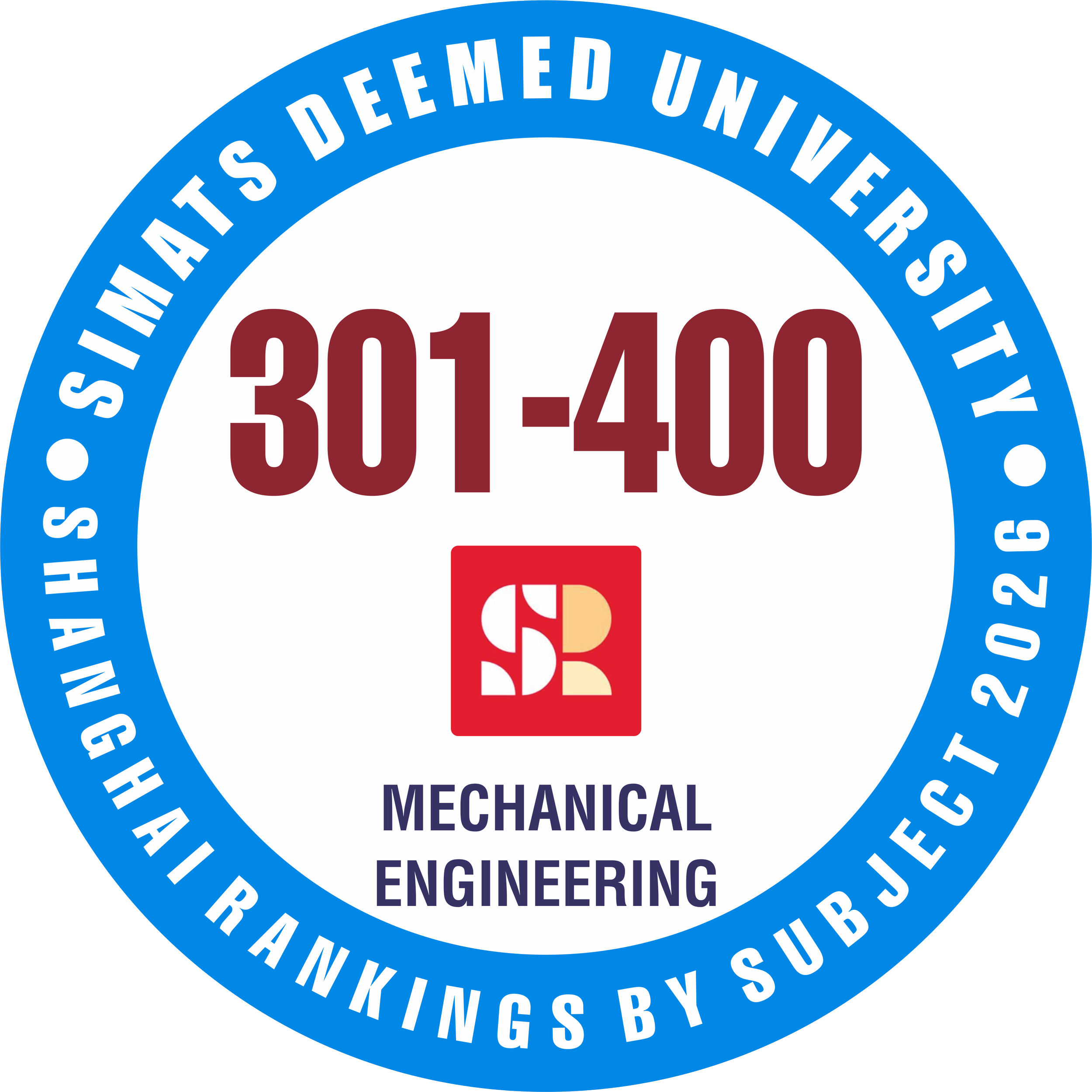 SIMATS has achieved a world rank of 301–400 and a national rank of 7–12. This recognition showcases strengths in advanced manufacturing, design, automation, thermal systems, and sustainable technologies.