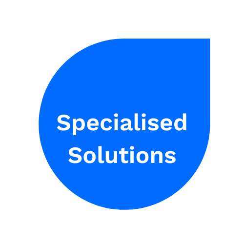 Blue teardrop-shaped icon with white text that says 'Specialised Solutions'.