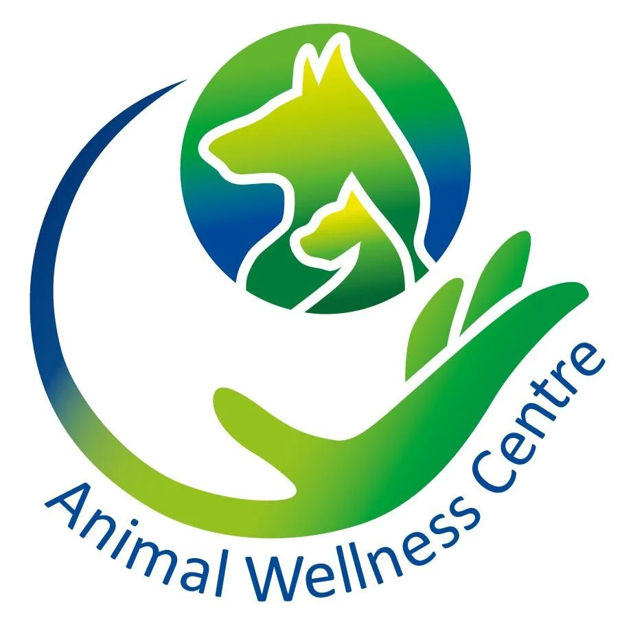 Logo of Animal Wellness Centre featuring silhouettes of a dog and a cat within a green and blue circle, with a stylized hand below.
