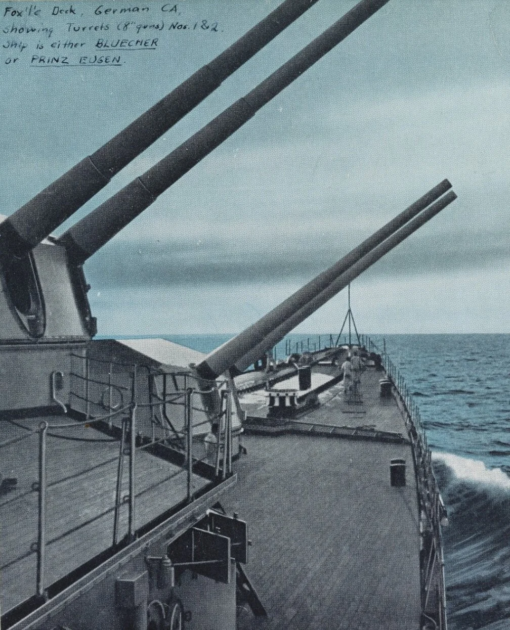 Prinz Eugen (or possibly her sister Blucher)’s forecastle with main battery in firing position (US Navy)
