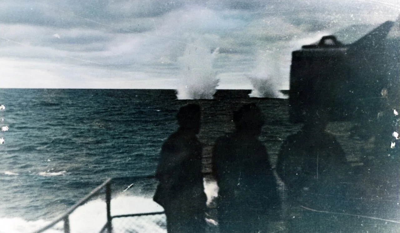 Shells fired from HMS Hood land astern of Prinz Eugen (US Navy)