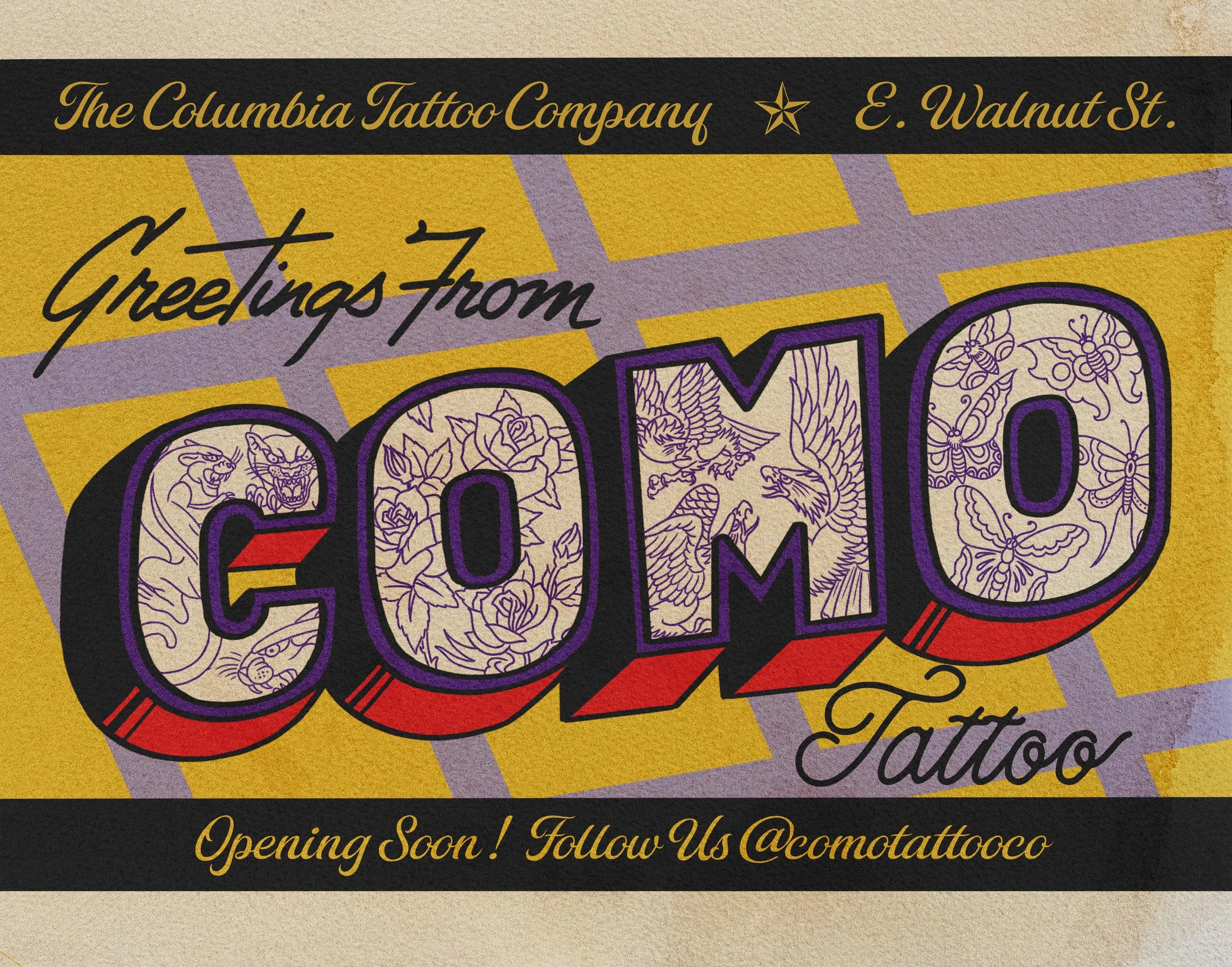 A promotional poster for a tattoo company with decorative text, including the company's name, location, and social media info, featuring colorful outlined art of various animals and mythical creatures.