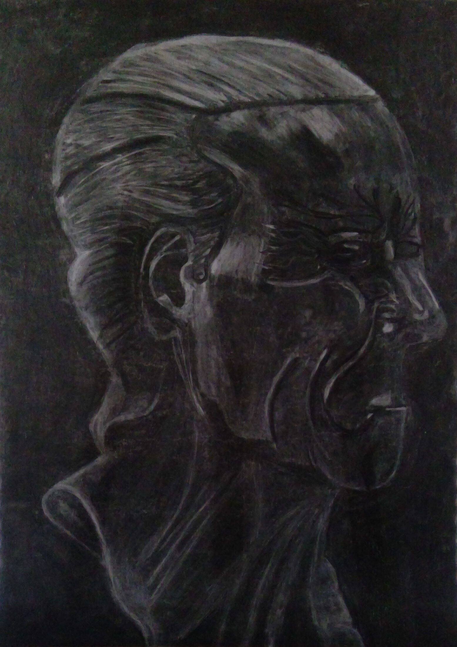 'Old Man Willow' (2018) utilises erased willow charcoal on A1 paper to depict an old man.