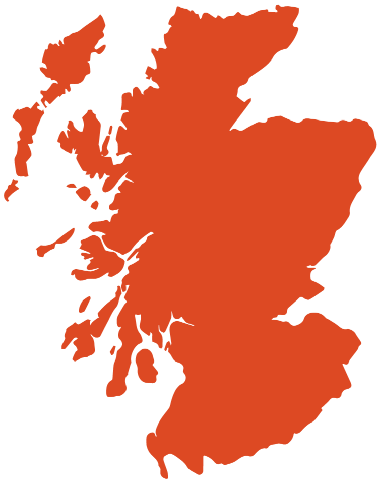 Silhouette map of Ireland and the United Kingdom colored in orange.