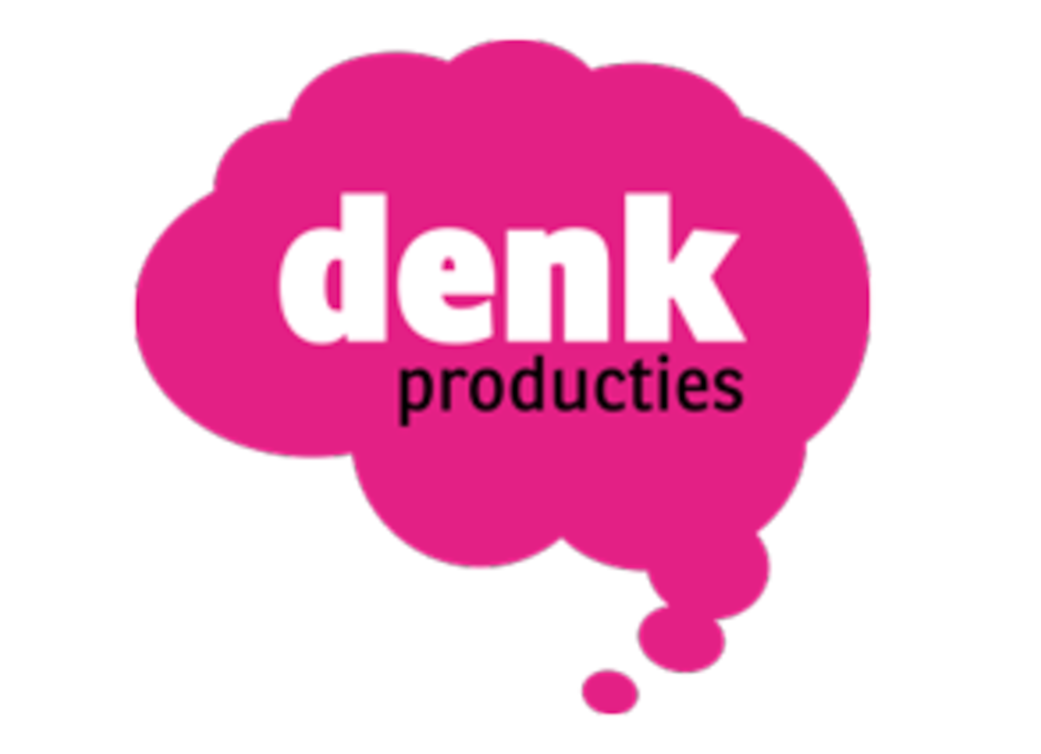Een roze gedachtebel met de tekst 'denk productie' in het wit en zwart.