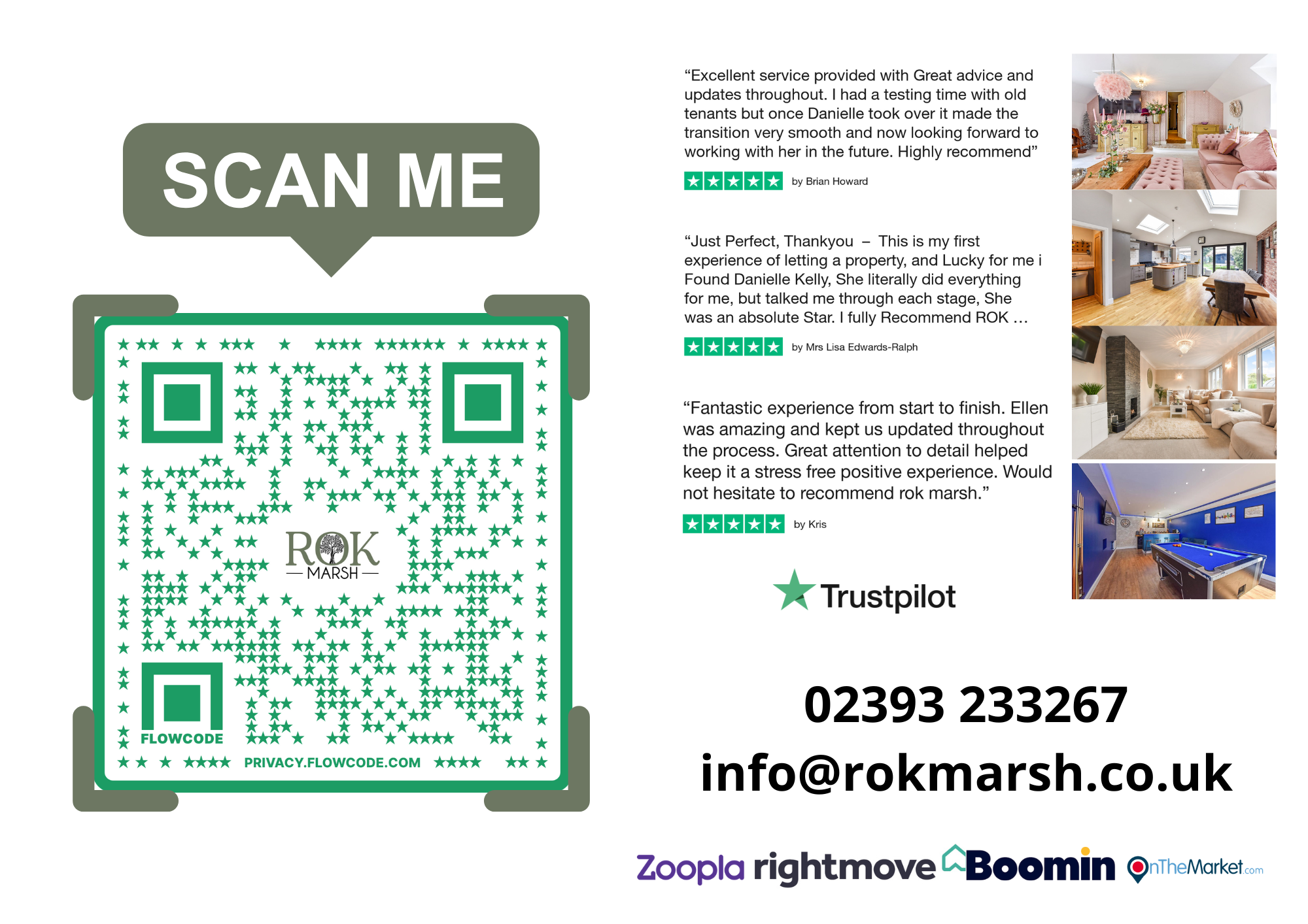 QR code with the text 'ROK MARSH' in the center, surrounded by four corner markers, and information about property management reviews on the right side, including photos of interior spaces like a living room, kitchen, and game room with pool table.