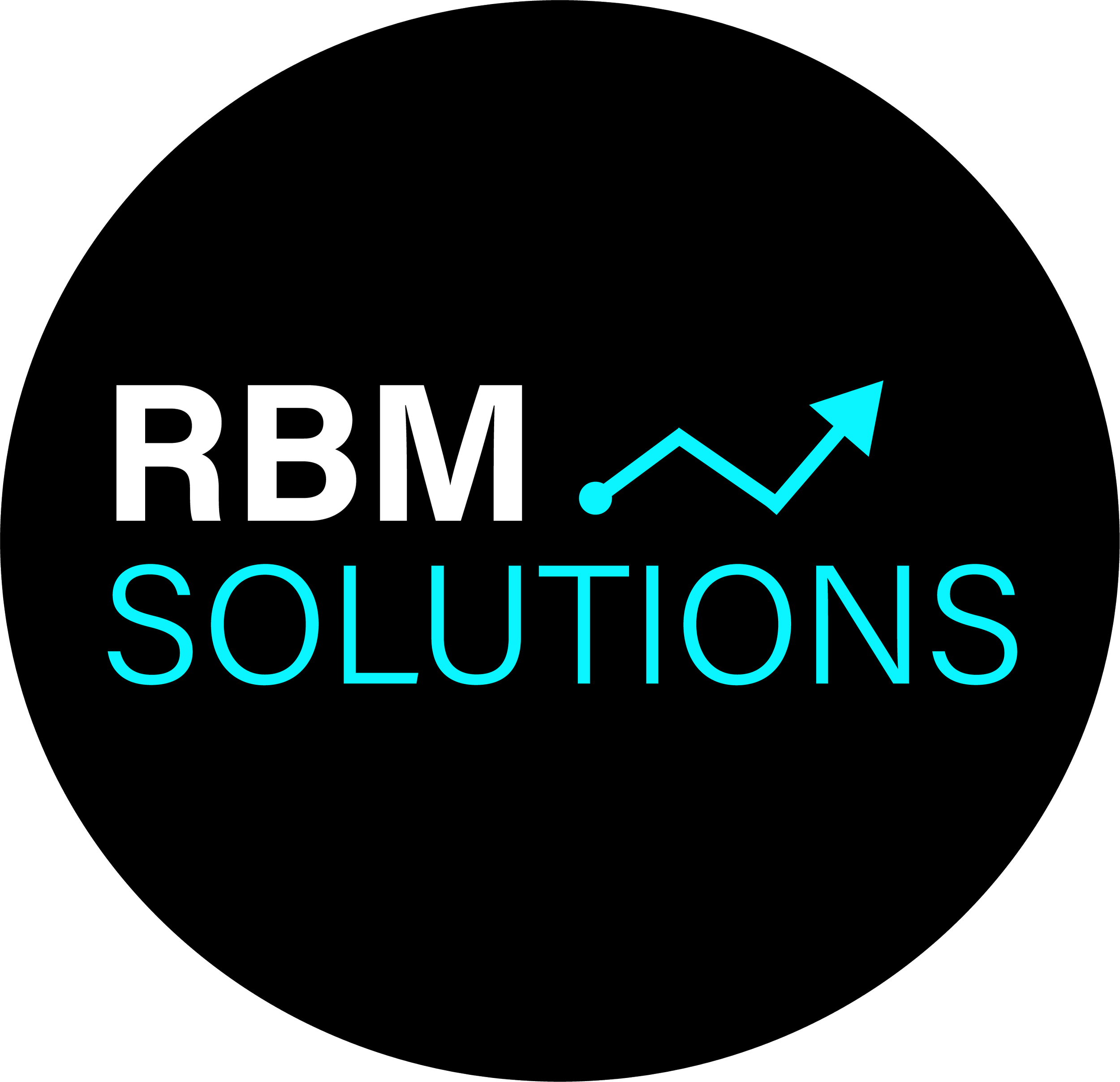 Black circular logo with the text "RBM SOLUTIONS" and an upward trending arrow in light blue.