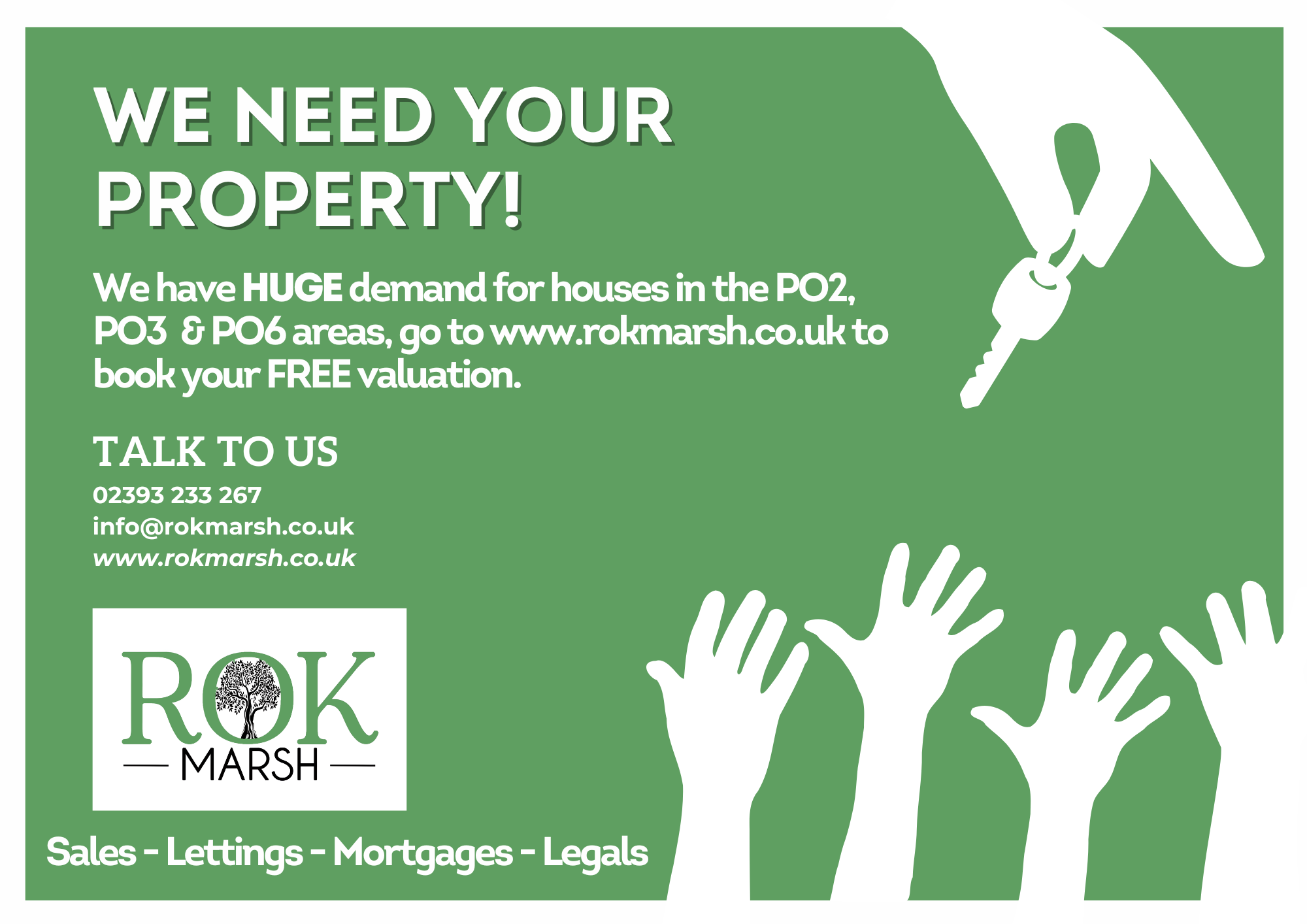 A green and white flyer with text about property valuation services by Rok Marsh, showing raised hands at the bottom and a hand holding a key at the top right.
