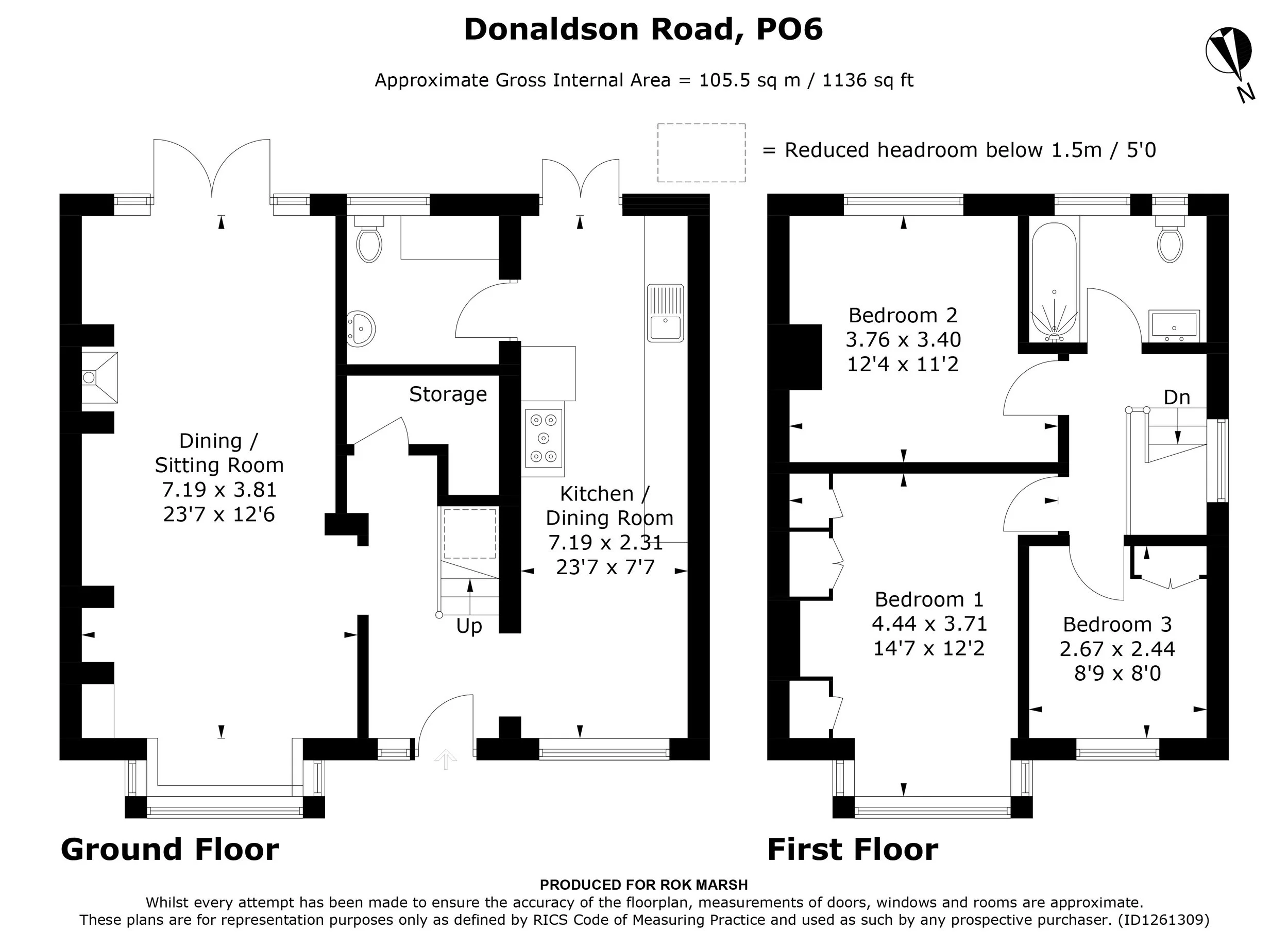 Floor plan of a house showing the ground and first floors, including rooms such as a dining/sitting room, kitchen/dining room, three bedrooms, bathrooms, and staircases, with measurements and labels.