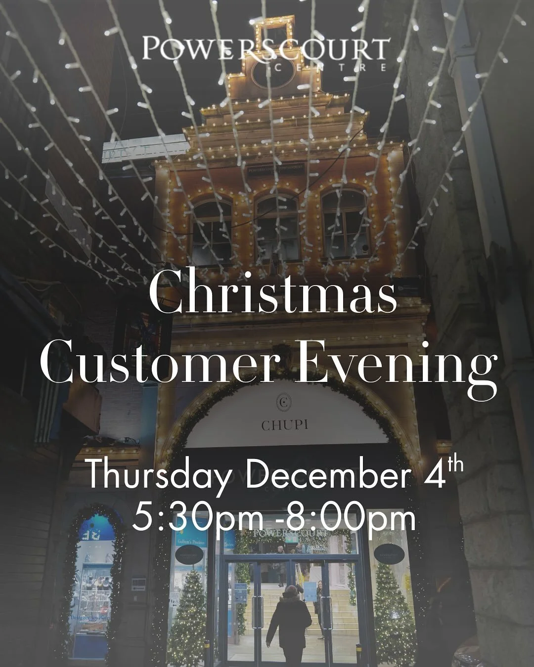 ✨ You are invited to our Christmas Customer Evening this Thursday from 5:30 to 8pm at Powerscourt Townhouse. ✨

Join us for a magical night in the heart of the city. Our stores will be open late, with hot chocolate, mulled wine, and festive treats to