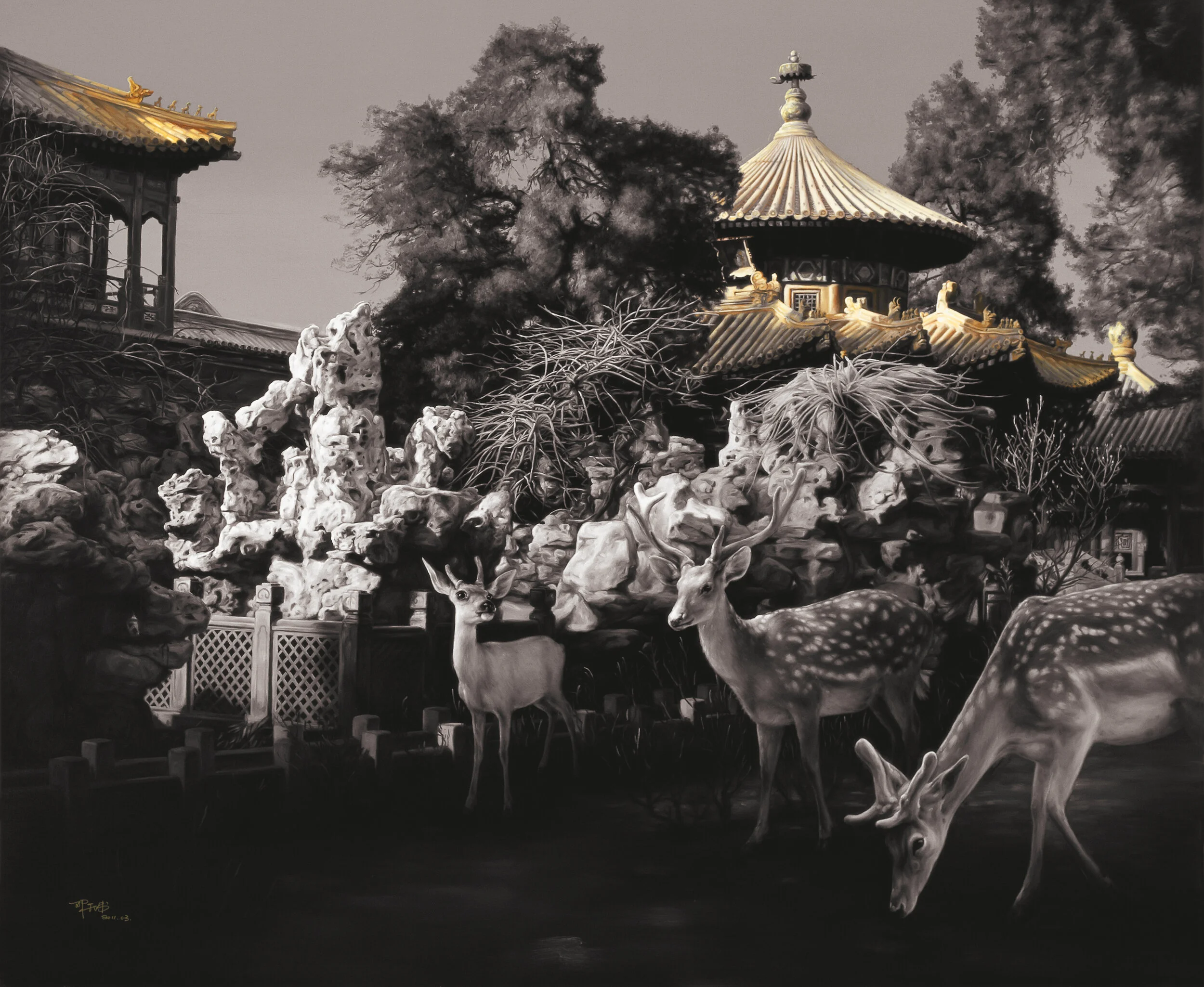 月色鹿苑 2號, 165厘米 x 200厘米, 布面油画, 2011。