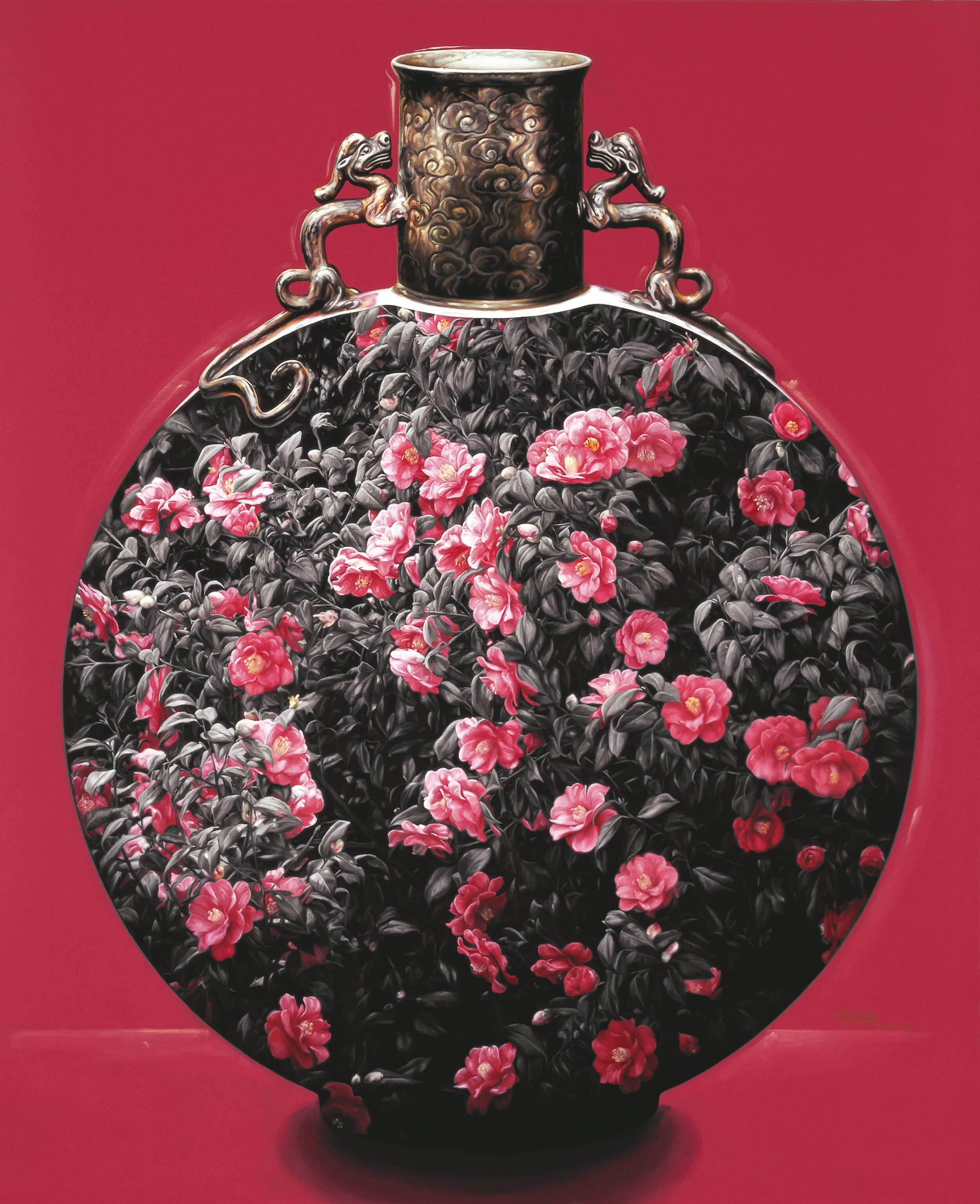 茶花•古瓷 1號, 165厘米 x 135厘米, 布面油画, 2011。(作畫細節)