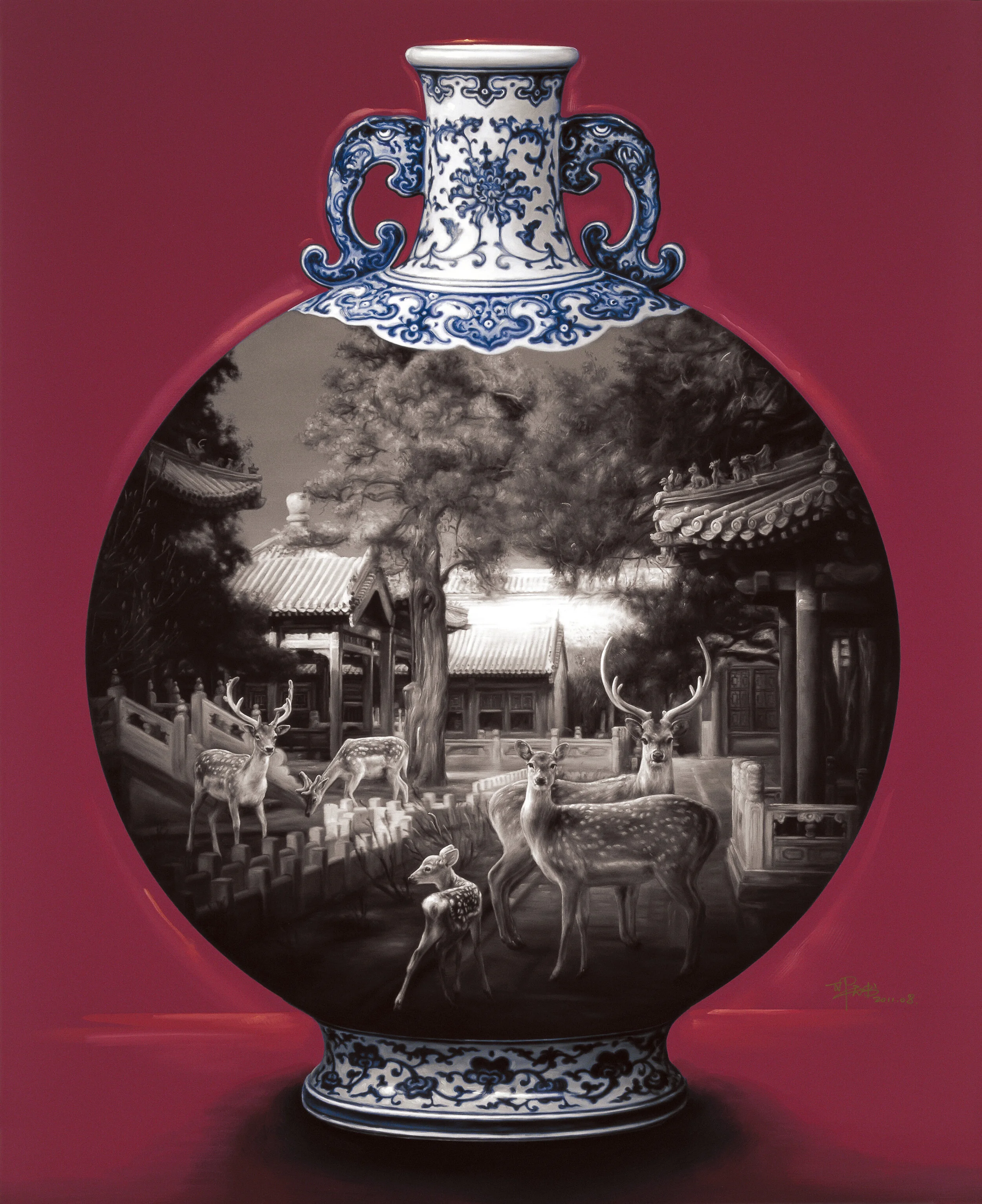 月色鹿苑•古瓷 5號, 165厘米 x 135厘米, 布面油画, 2011。(作畫細節)