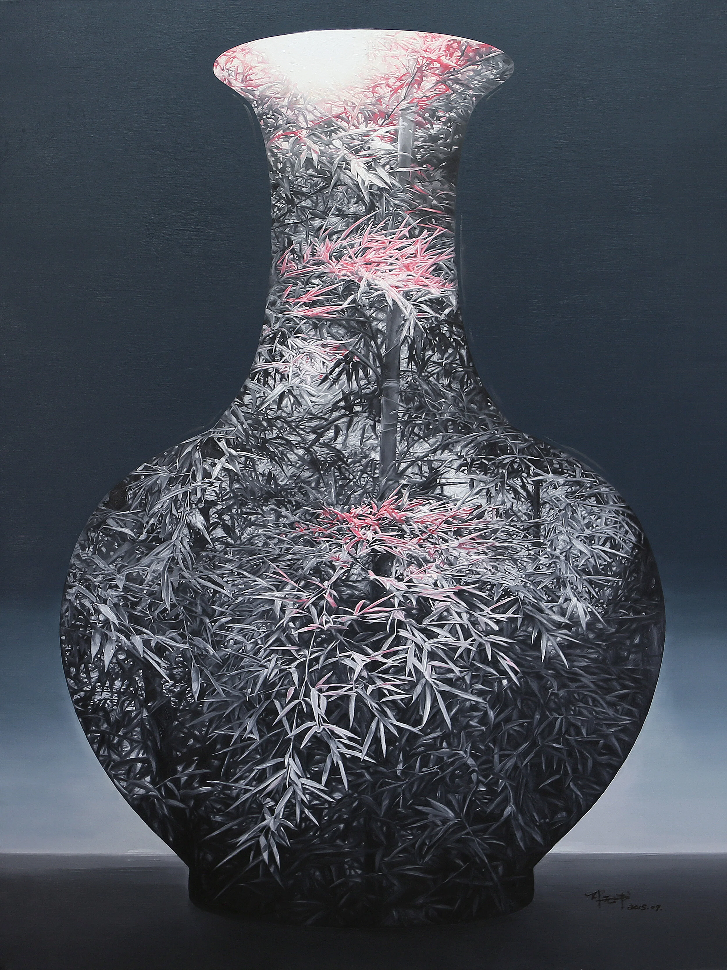 竹•古瓷 2號, 180厘米 x 135厘米, 布面油画, 2015。(作畫細節)