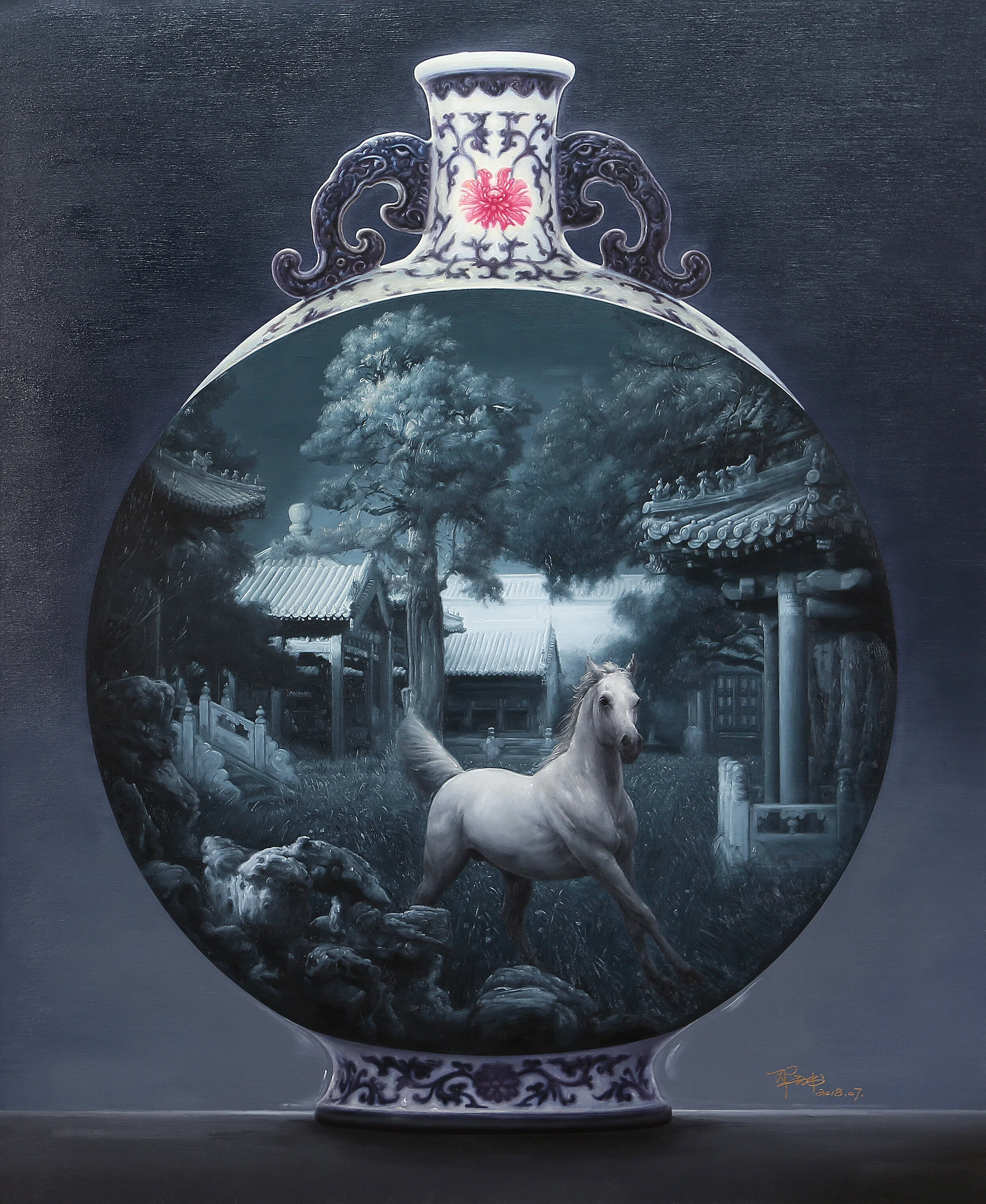 御馬•古瓷 2號, 165厘米 x 135厘米, 布面油画, 2018。(作畫細節)