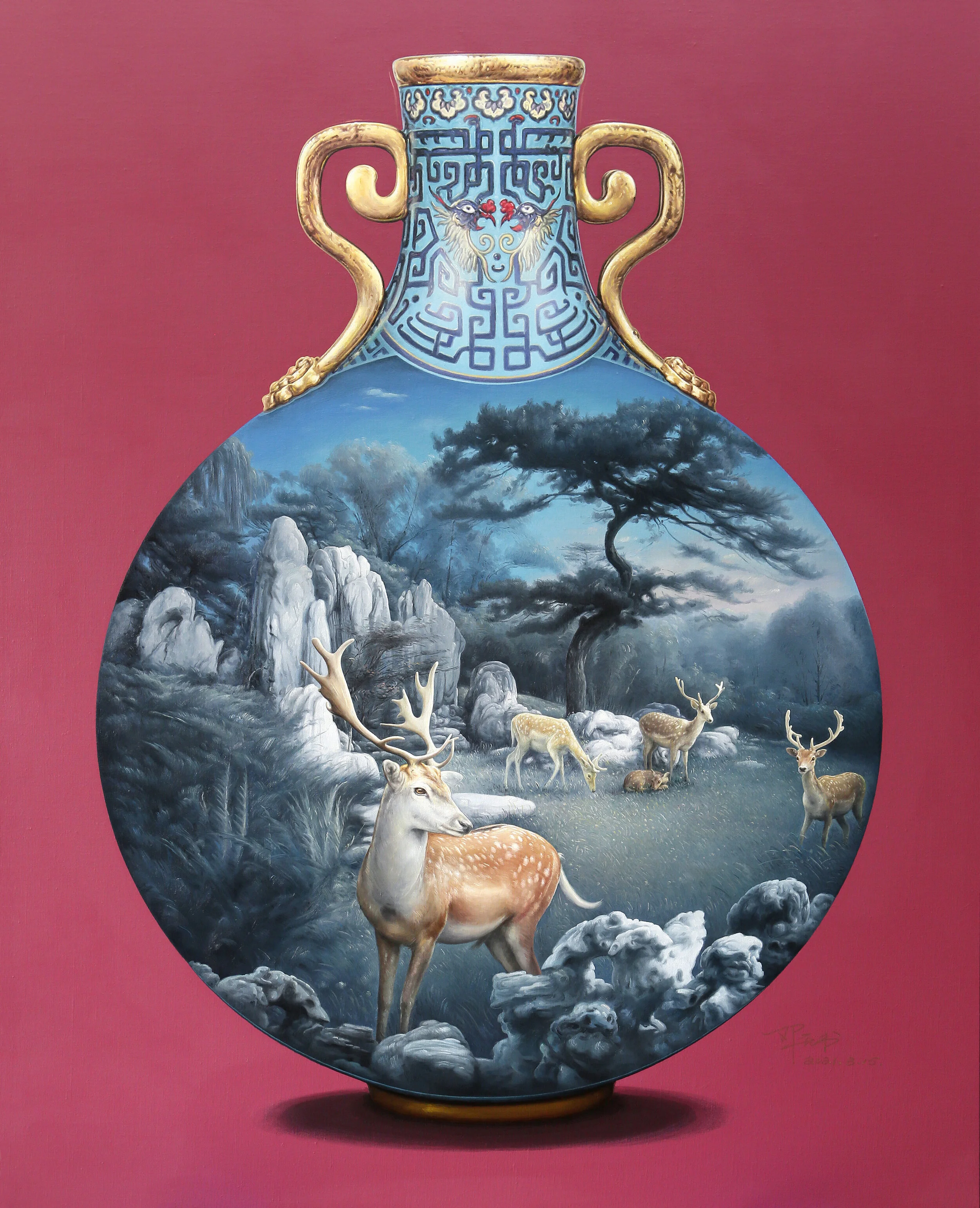 鹿苑•瓶中景 6號, 110厘米 x 135厘米, 布面油画, 2021。