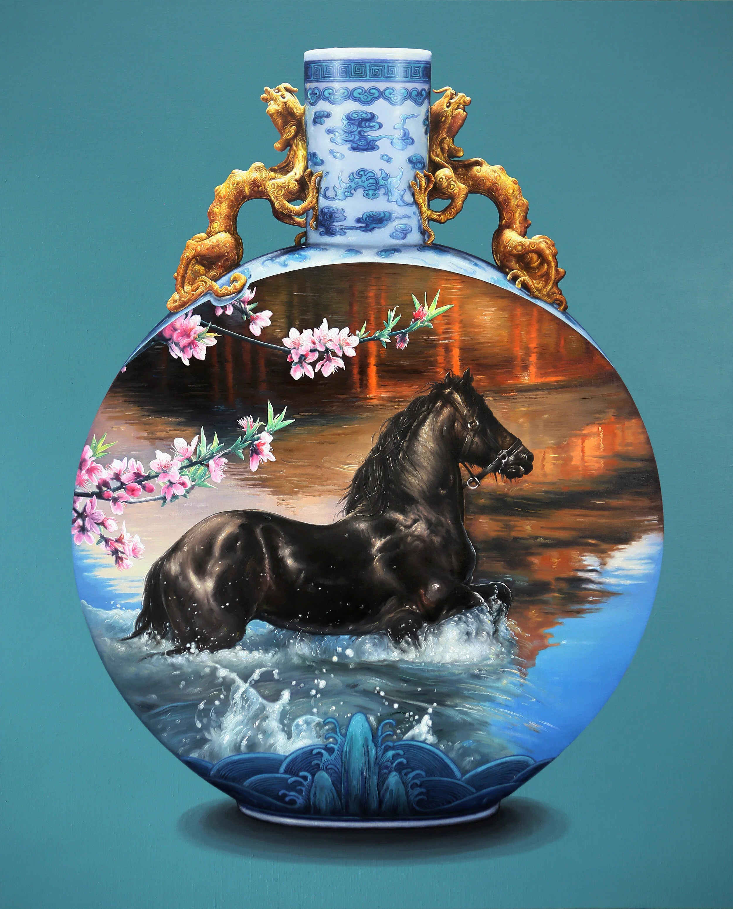 御馬•瓶中景 3號, 110厘米 x 135厘米, 布面油画, 2021。