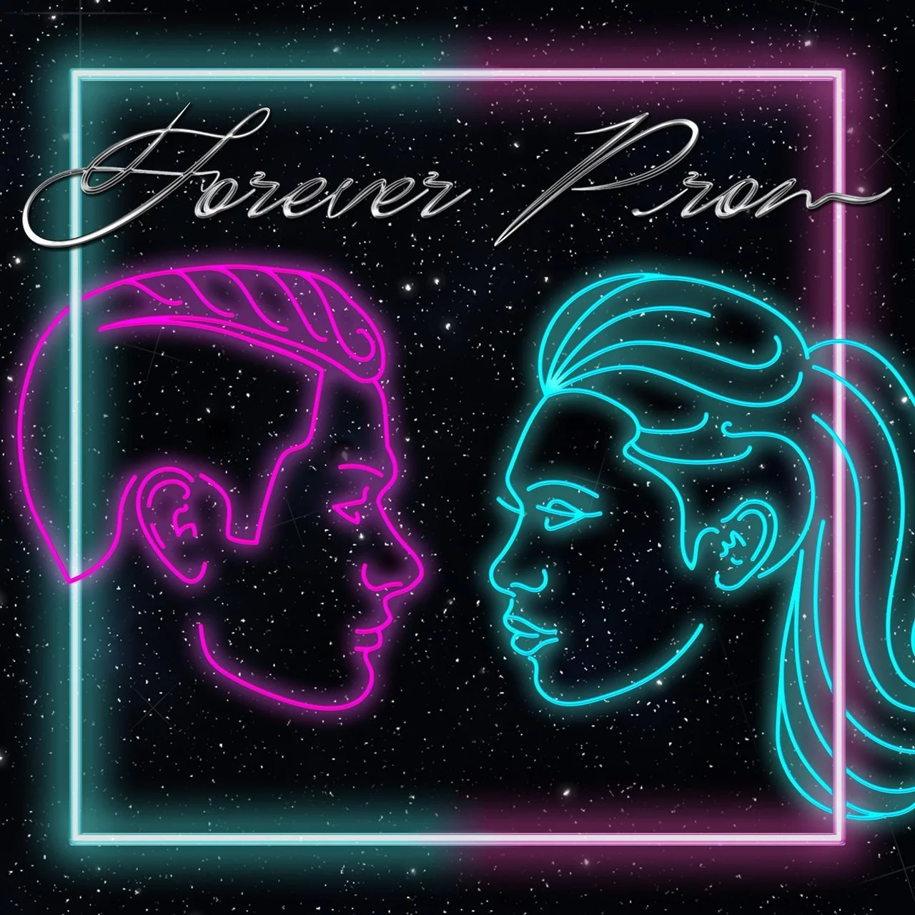 Neon-style outline drawings of a man and a woman facing each other against a starry night background, with the words 'Forever Prom' written above.
