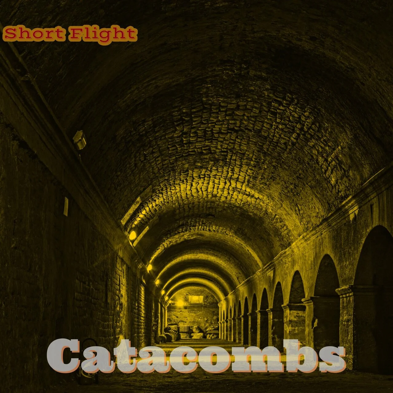 Underground catacombs with arched ceilings illuminated by yellowish lights.