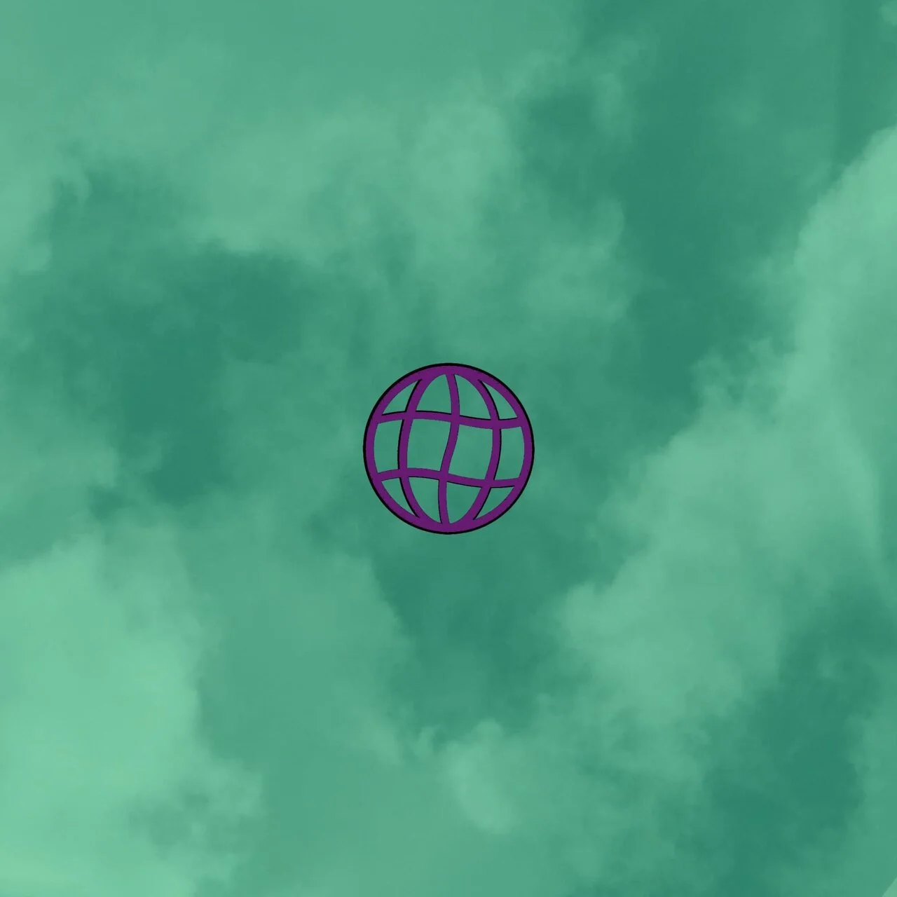 A purple globe icon centered on a cloudy green sky background.