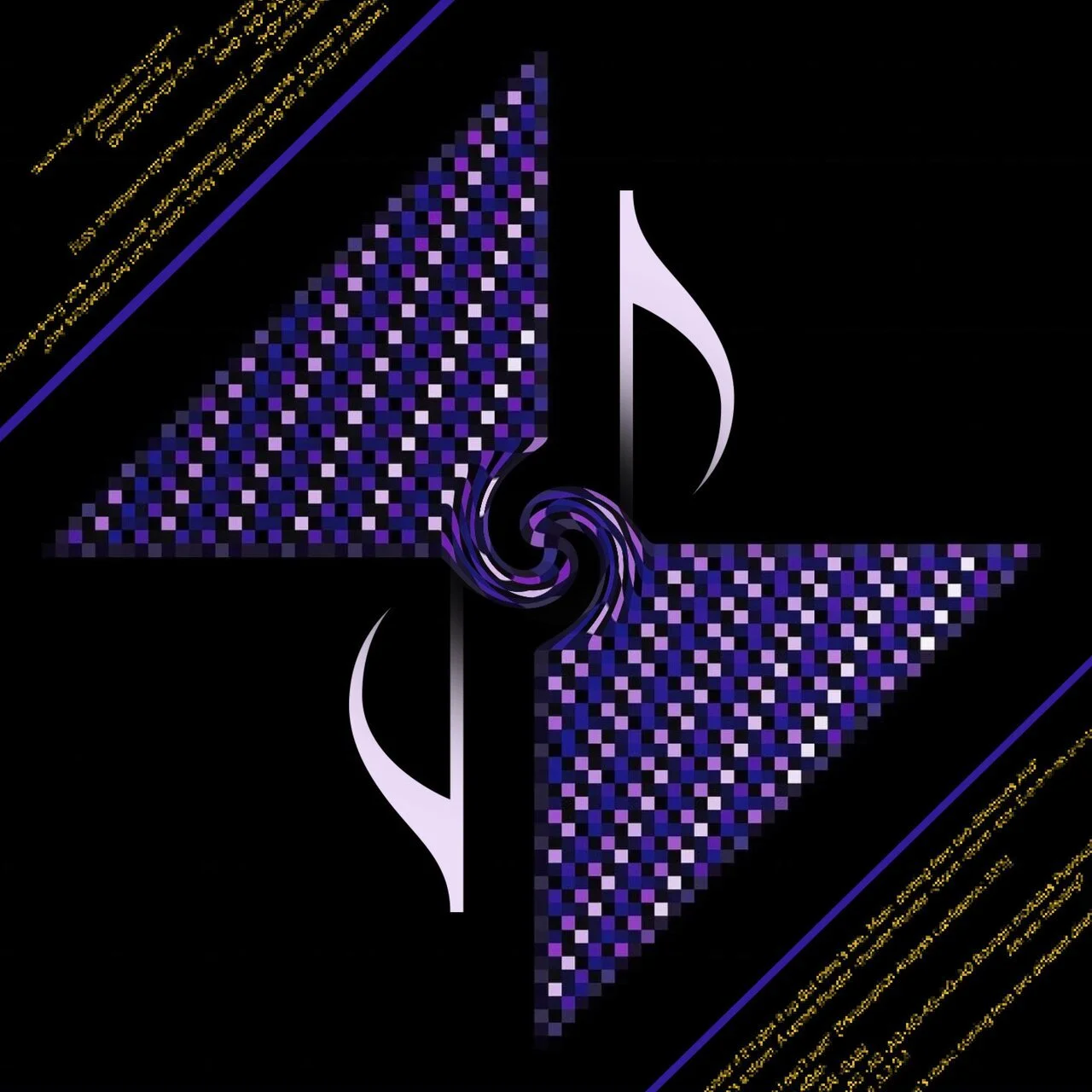 A digital abstract design with purple and black colors and swirling patterns, featuring musical note symbols.