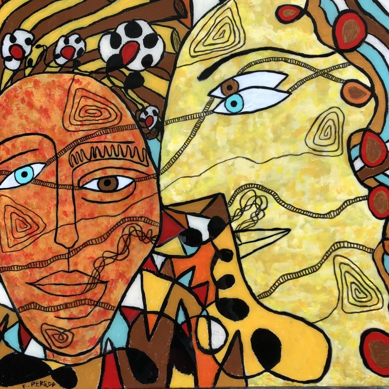 Abstract painting of two faces with stylized features, one in orange and the other in yellow, surrounded by colorful patterns and shapes, including eyes, swirls, and dots.