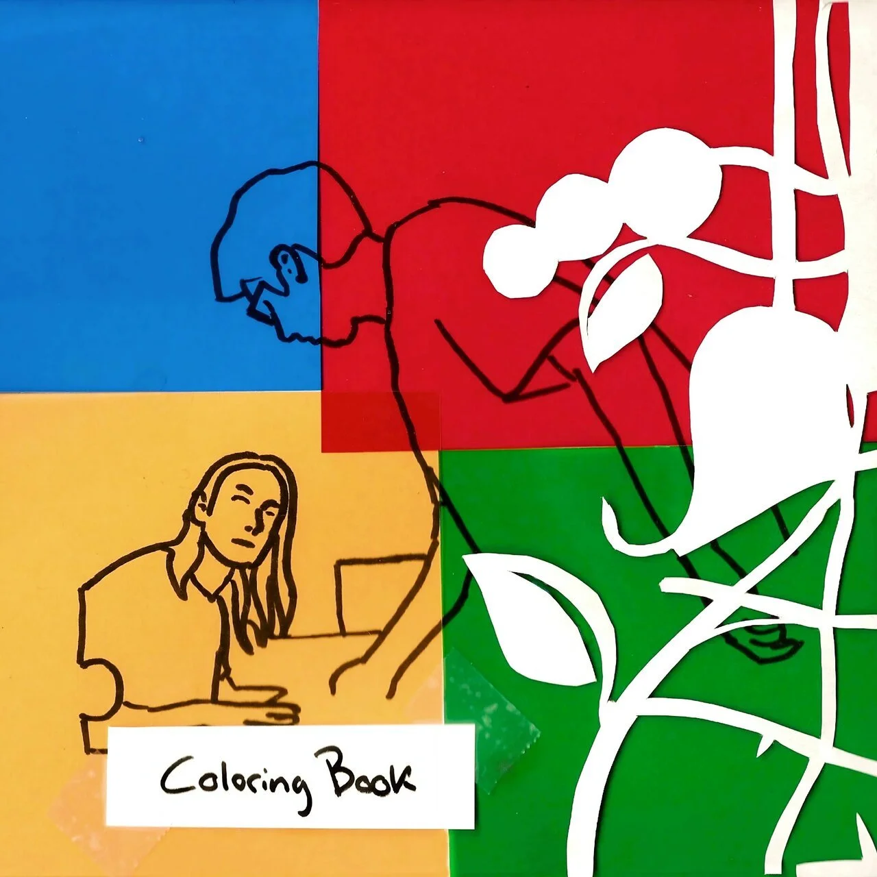 An artful coloring book cover featuring simple line drawings of a boy and a girl, with a colorful background divided into blue, red, yellow, and green sections, and white cutouts of flowers or leaves overlaying part of the image.
