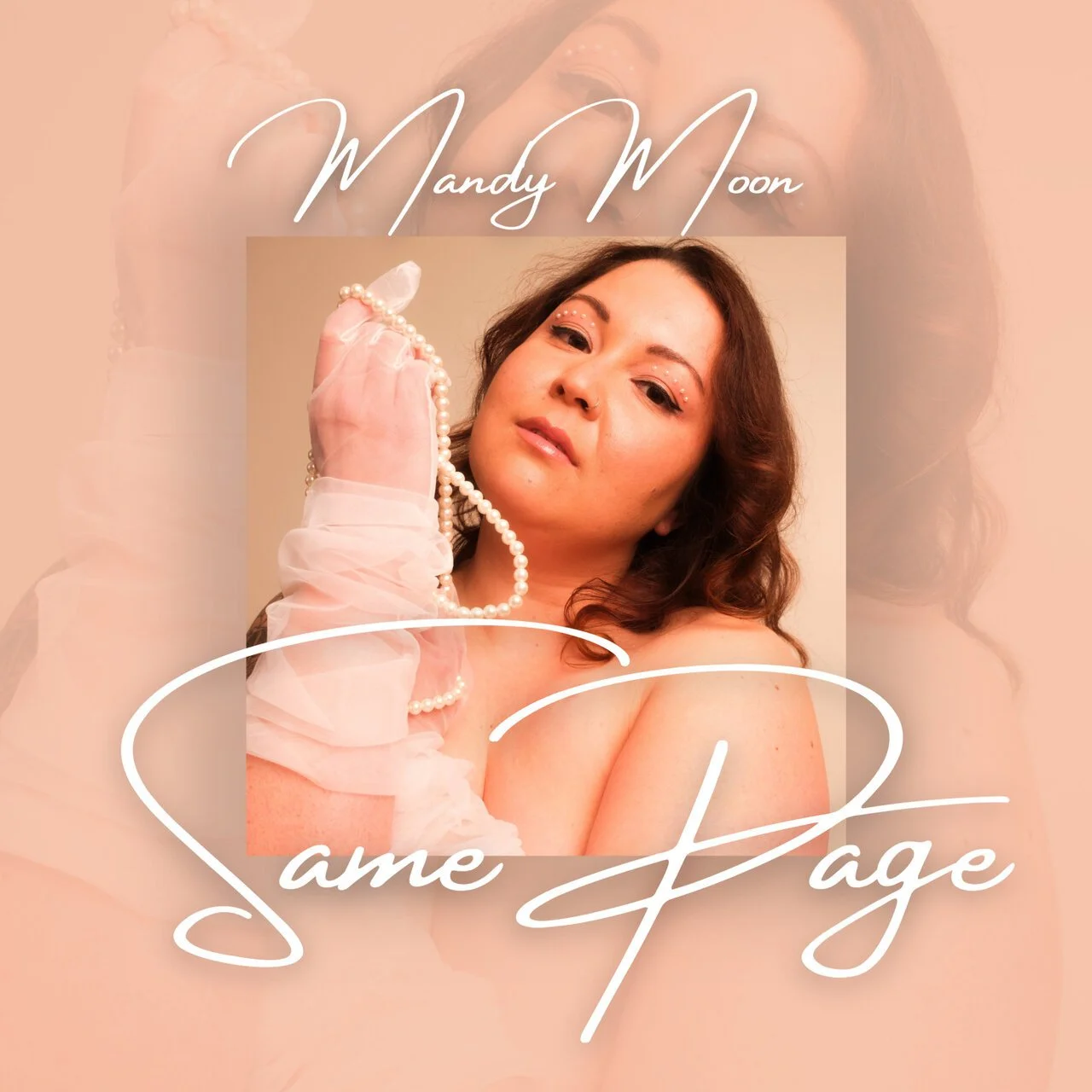 Book cover featuring a woman with wavy brown hair, holding a pearl necklace, with the title 'Mandy Moon' and subtitle 'Same Age' in elegant script on a peach background.