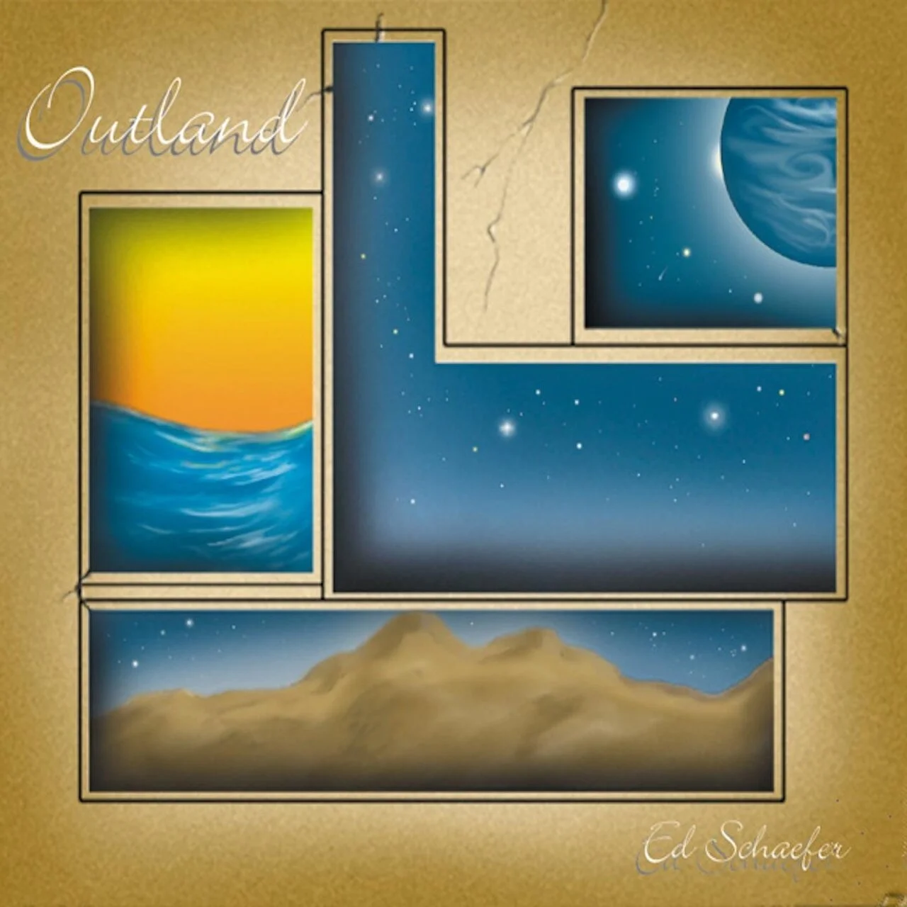 An abstract artwork with various celestial and landscape scenes. It includes a sunset over the ocean, a starry night sky, a planet with swirling clouds, a starfield, and a mountainous landscape. The artwork has a layered, geometric design with sectio