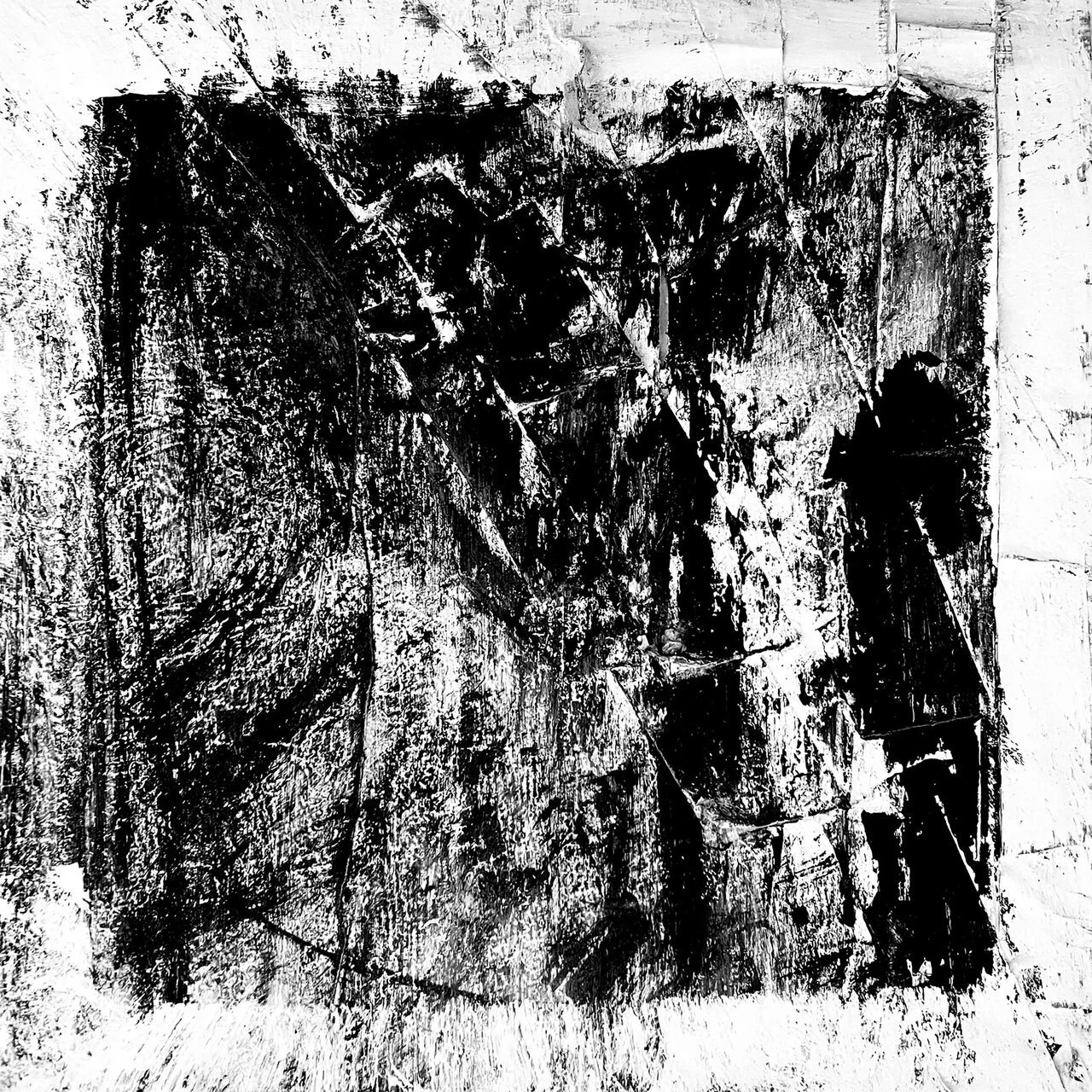 Abstract black and white textured artwork with rough, bold strokes and layered patterns.