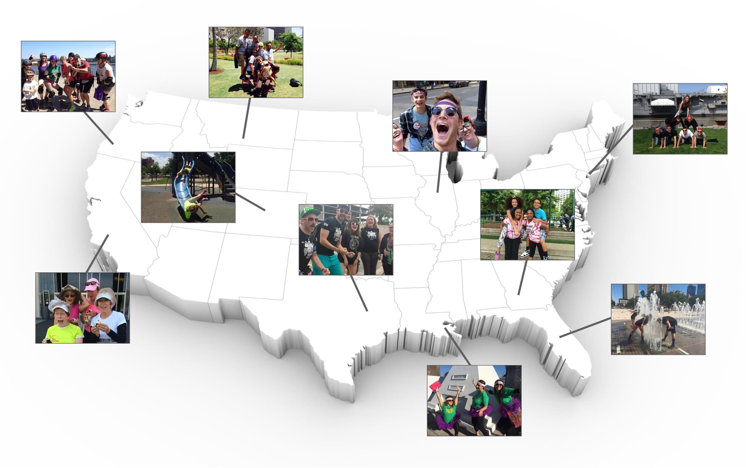 a 3D map of the USA showing corporate team building events happening across the country