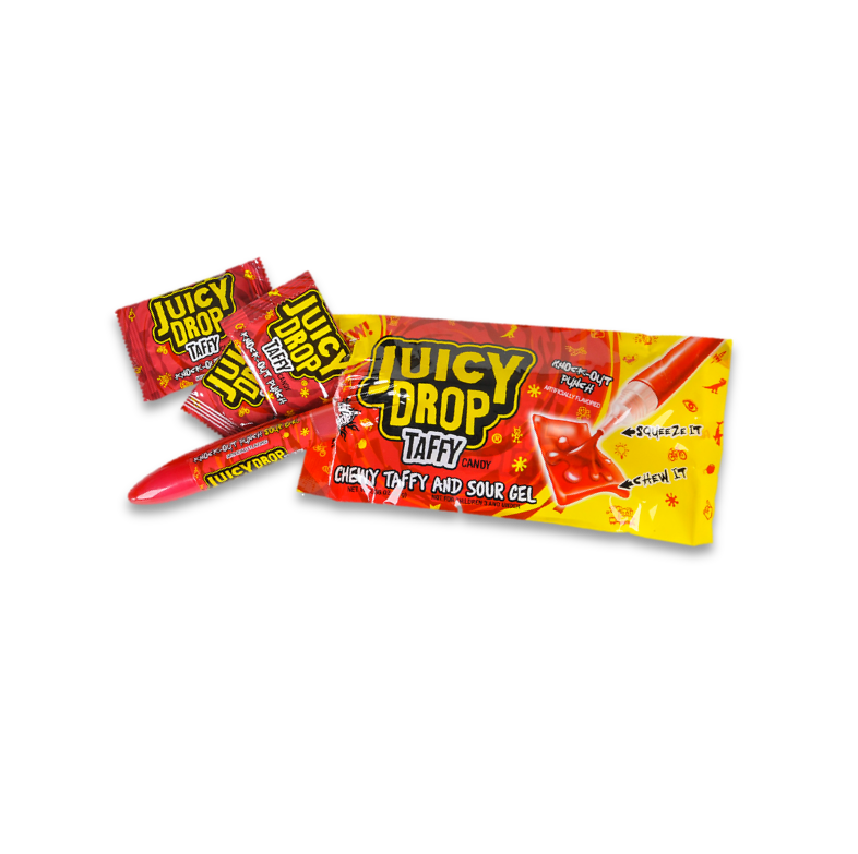 Juicy Drop Taffy combines a Juicy Drop Pop inspired range of flavors, combining individually wrapped taffy pieces and a flavor-boosting sour gel pen.   