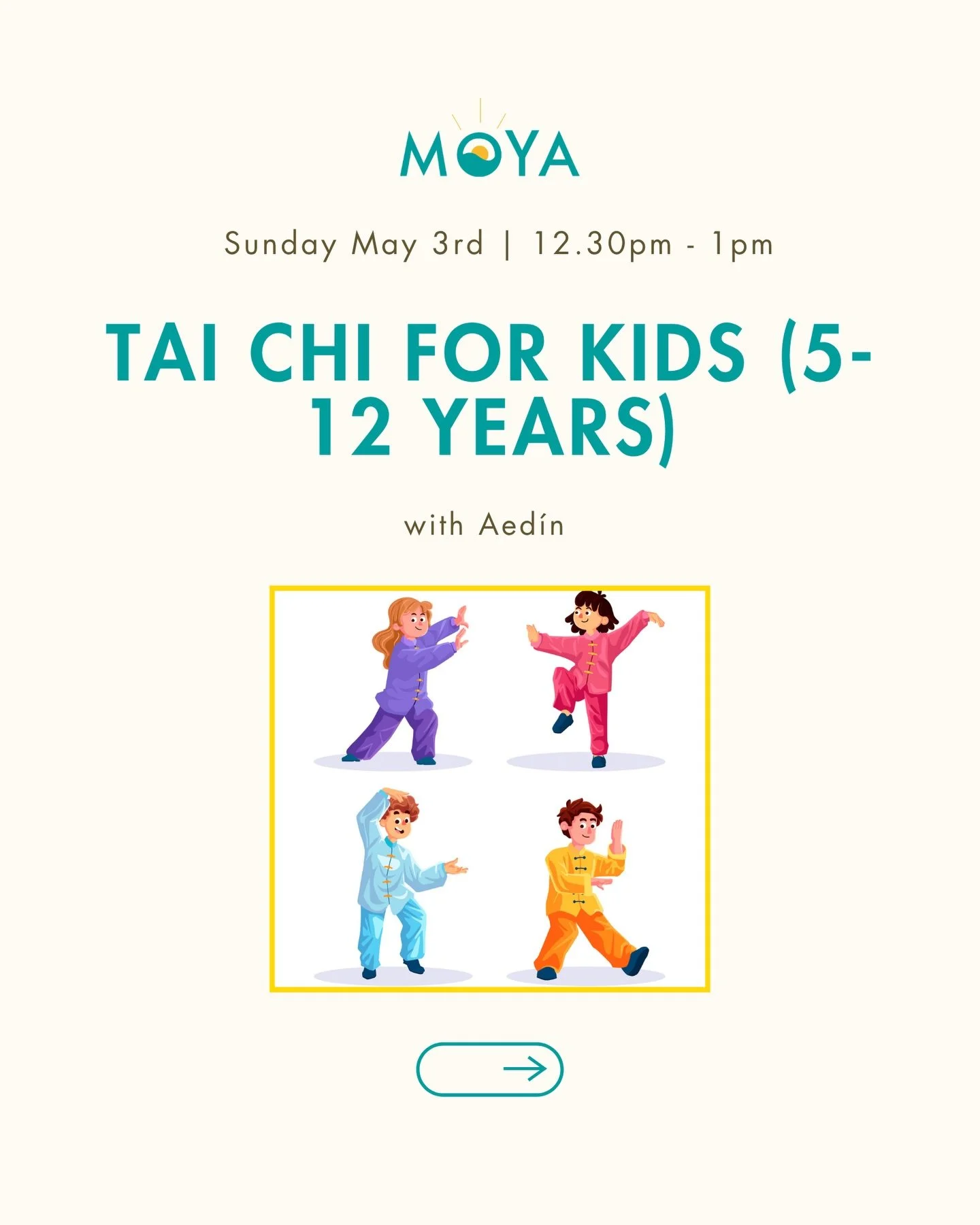 Tai Chi for kids with Aed&iacute;n (5-12 years)

Sunday 3rd May 2026
12:30 - 13:00

Looking for a fun way to get your little ones moving? Join Aed&iacute;n for a relaxed and playful Tai Chi session designed just for kids aged 5 to 12. It&rsquo;s a gr