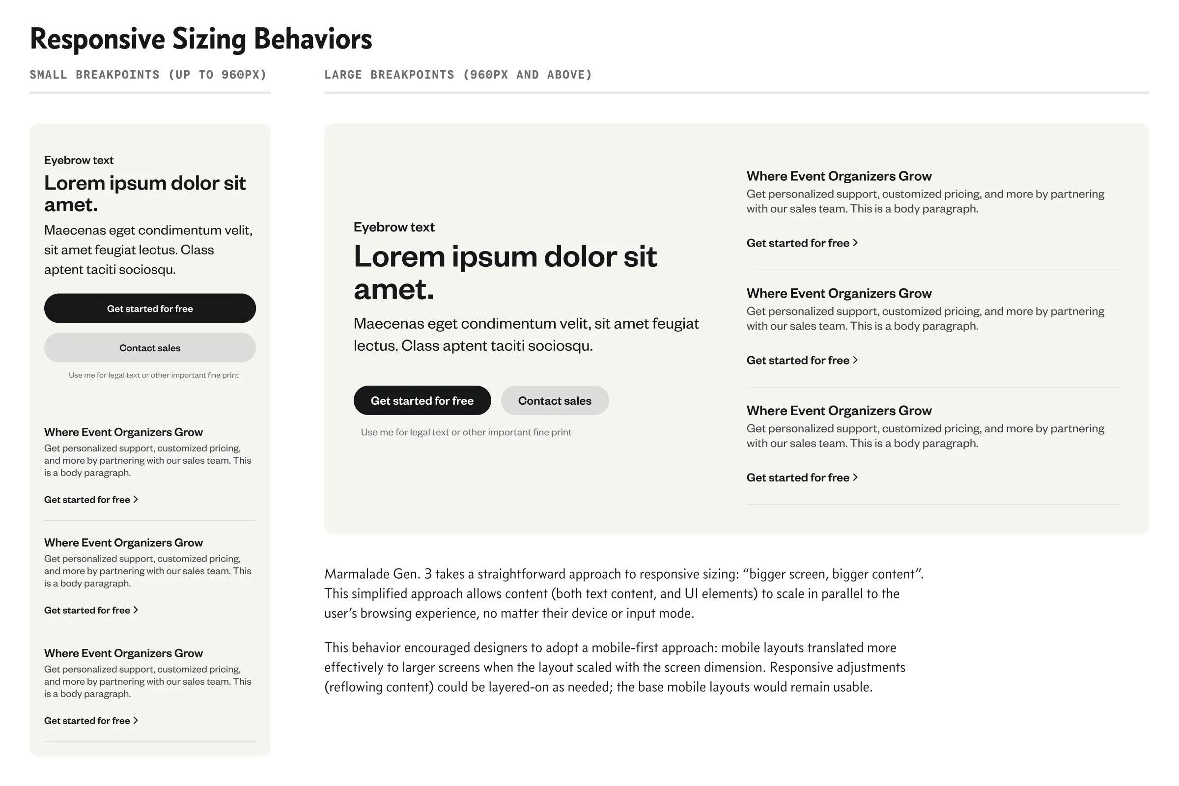 Demonstration of approach to responsive sizing — "bigger screen, bigger content" — that encouraged a mobile-first design approach.