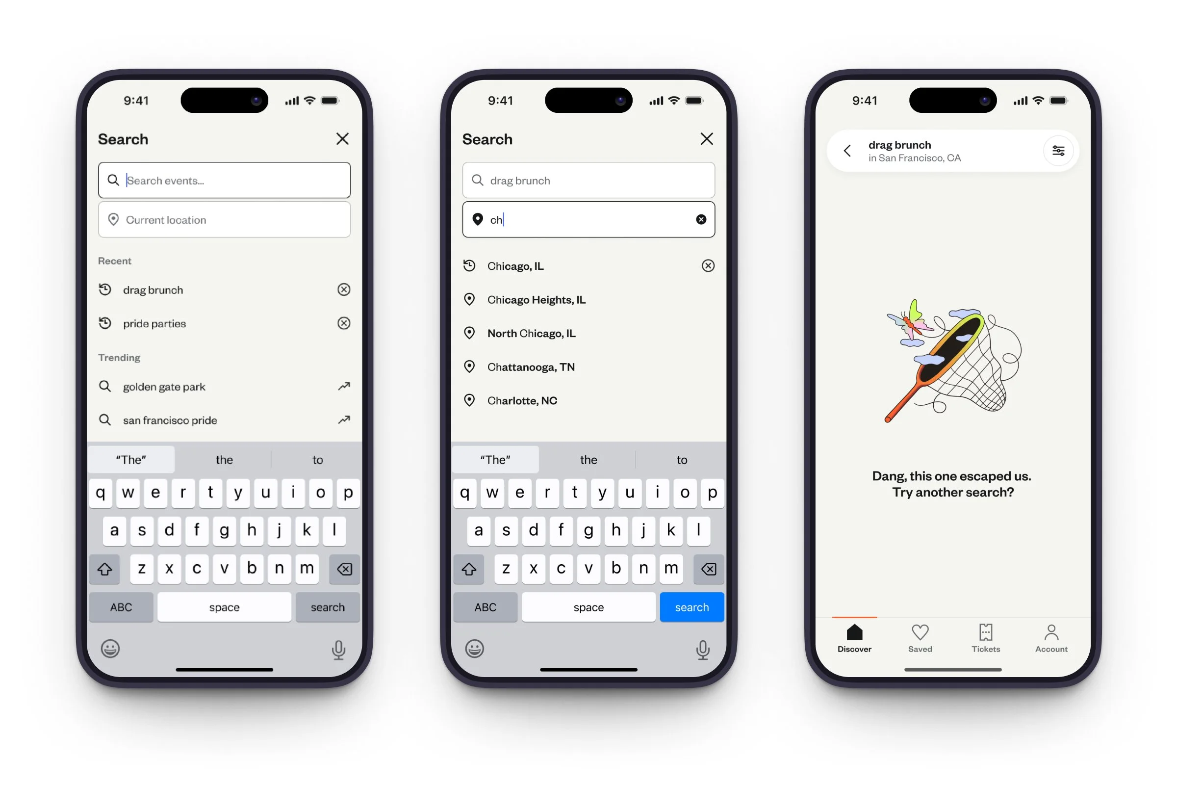 A modal search flow allows attendees to find specific events and set their location.