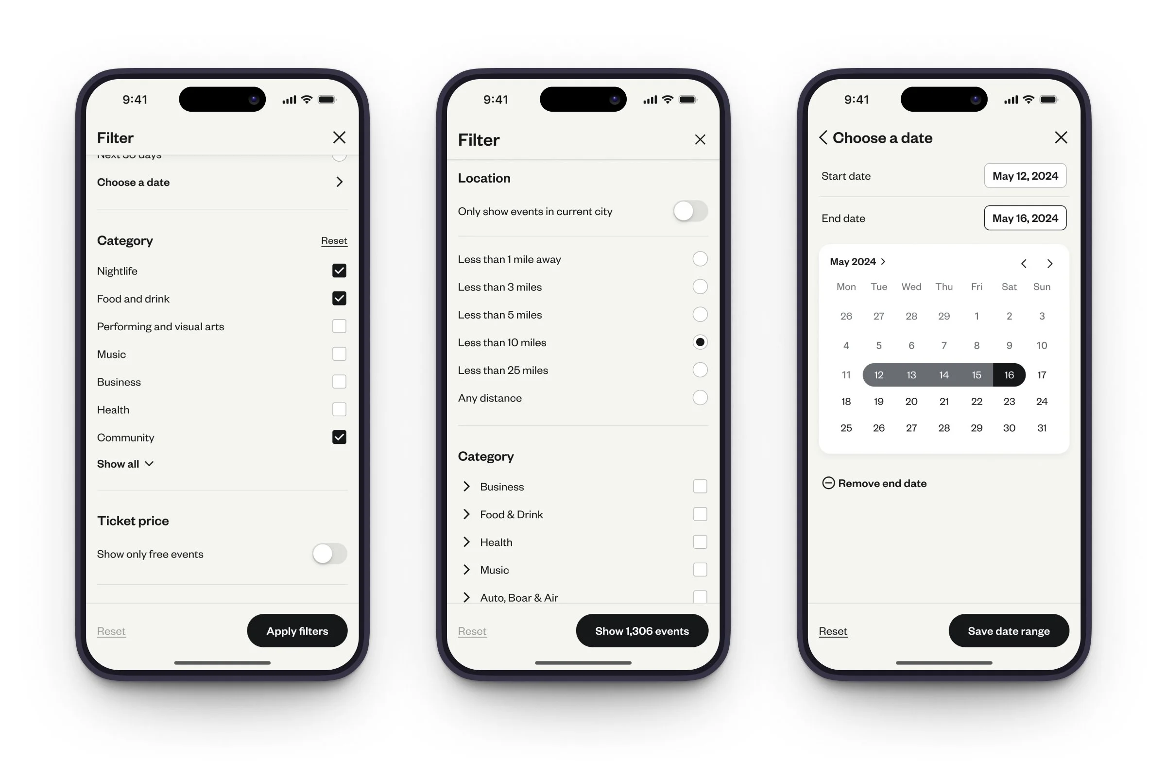 Attendees can also browse by filtering, with category, venue distance, and date ranges.