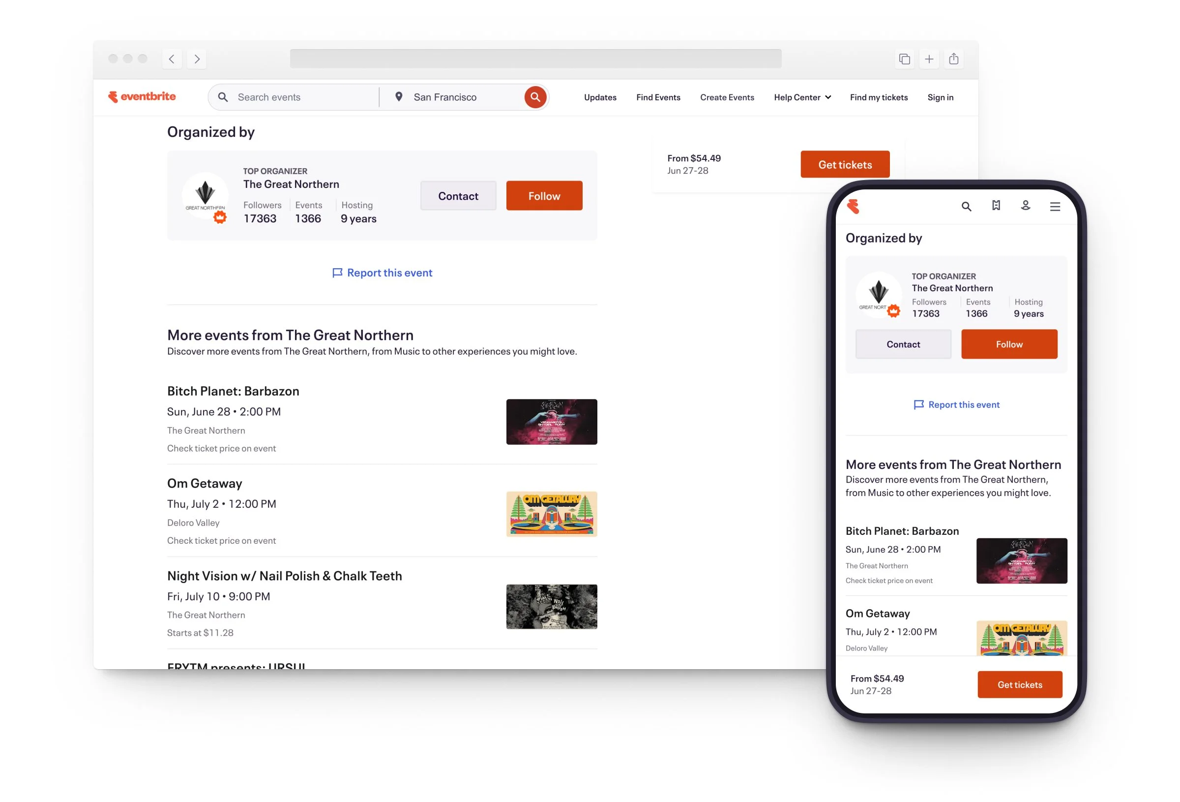 Screenshot of redesigned event listing organizer detail card and related events, in desktop and mobile.