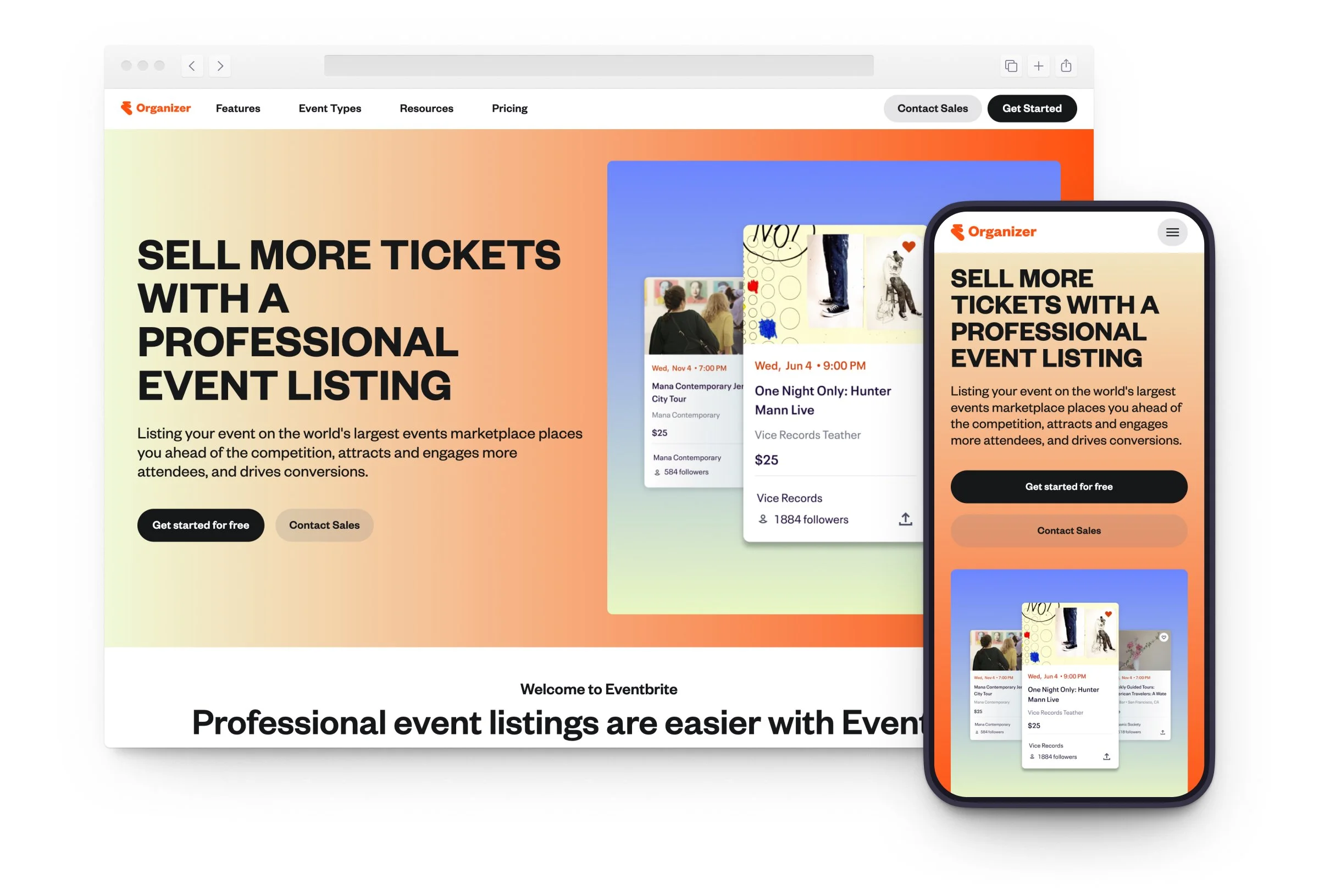 Screenshots of marketing landing page hero module in desktop and mobile.
