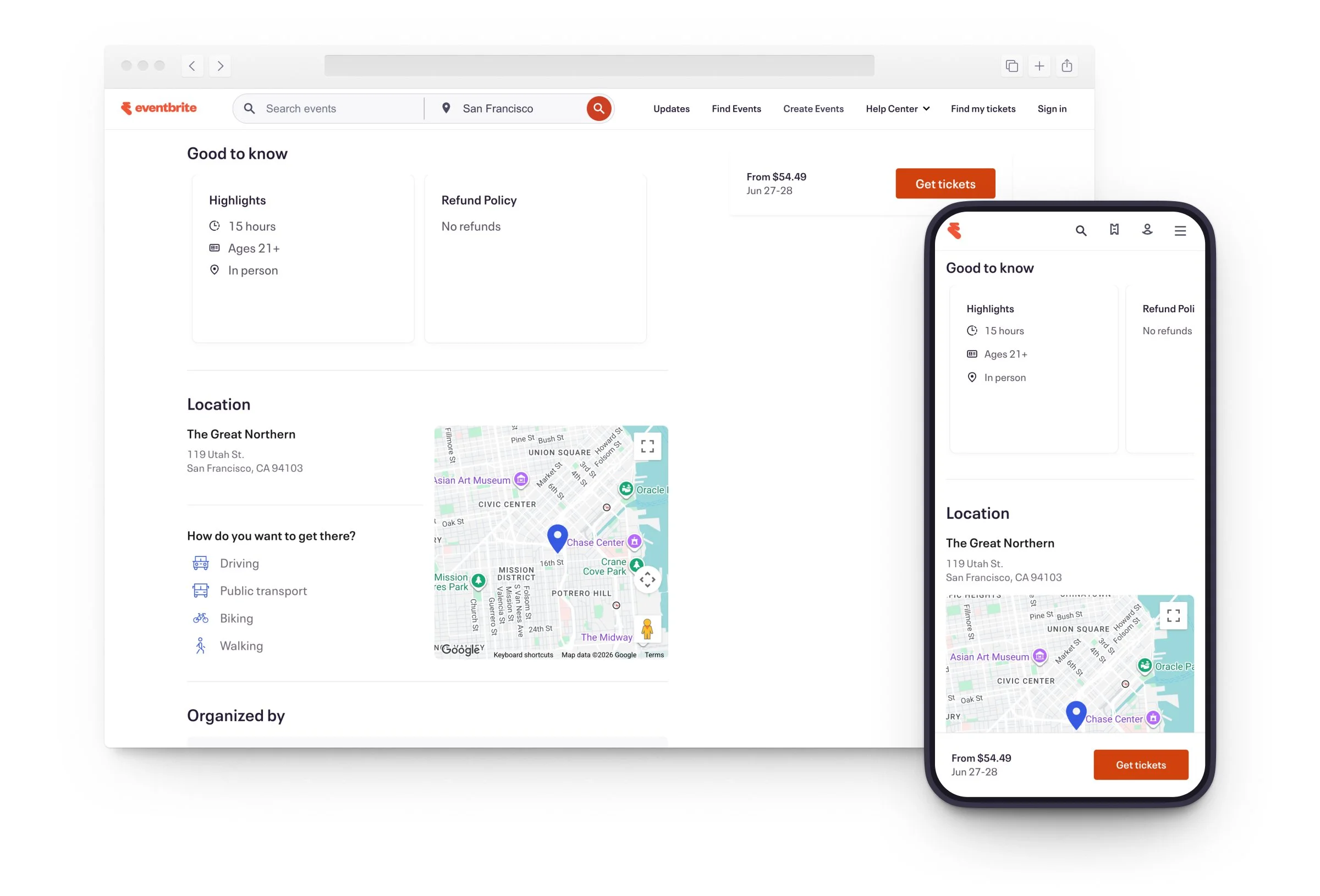 Screenshot of redesigned event listing "Good to know" cards and map module, in desktop and mobile.