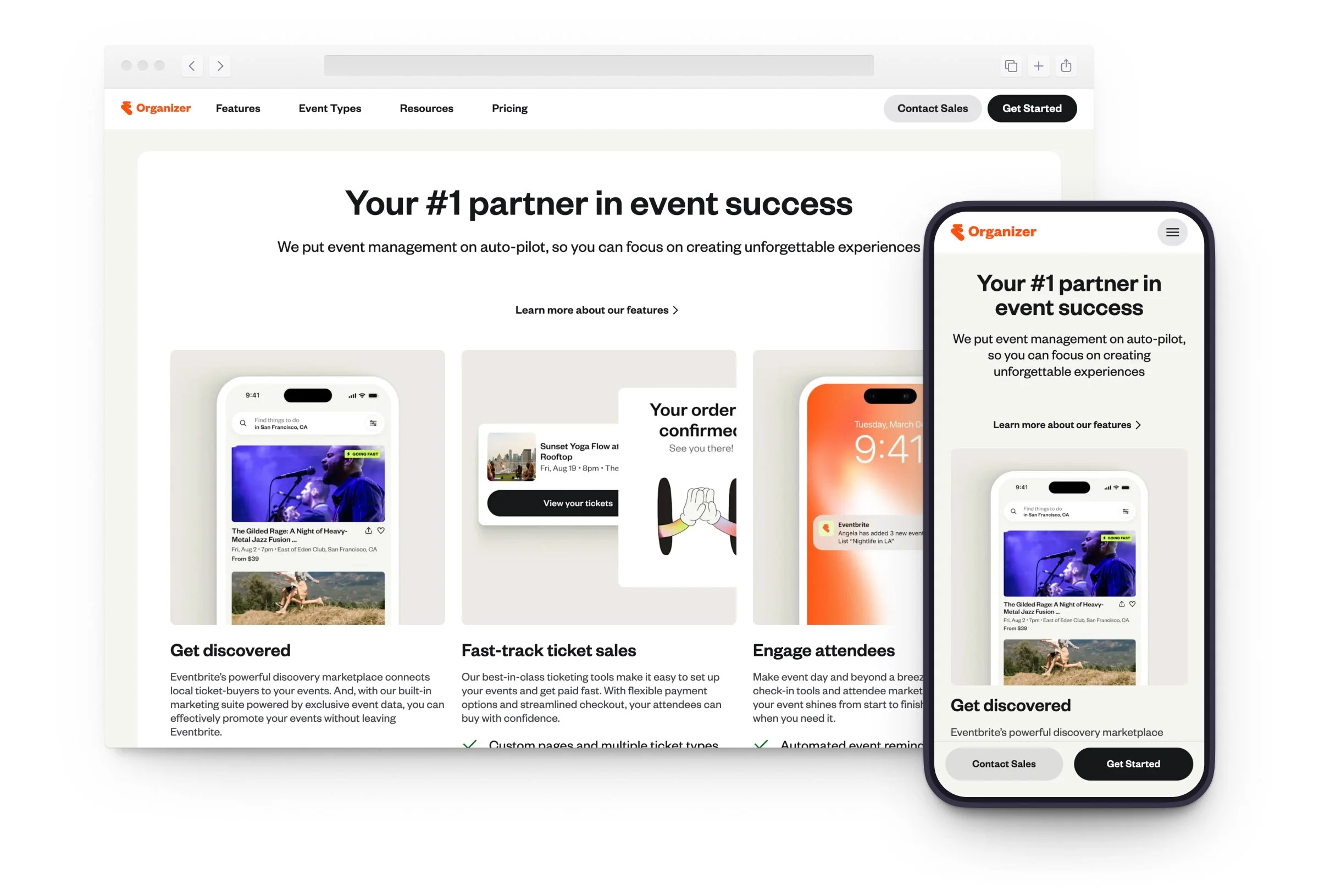 Screenshots of marketing landing page card grid module in desktop and mobile.