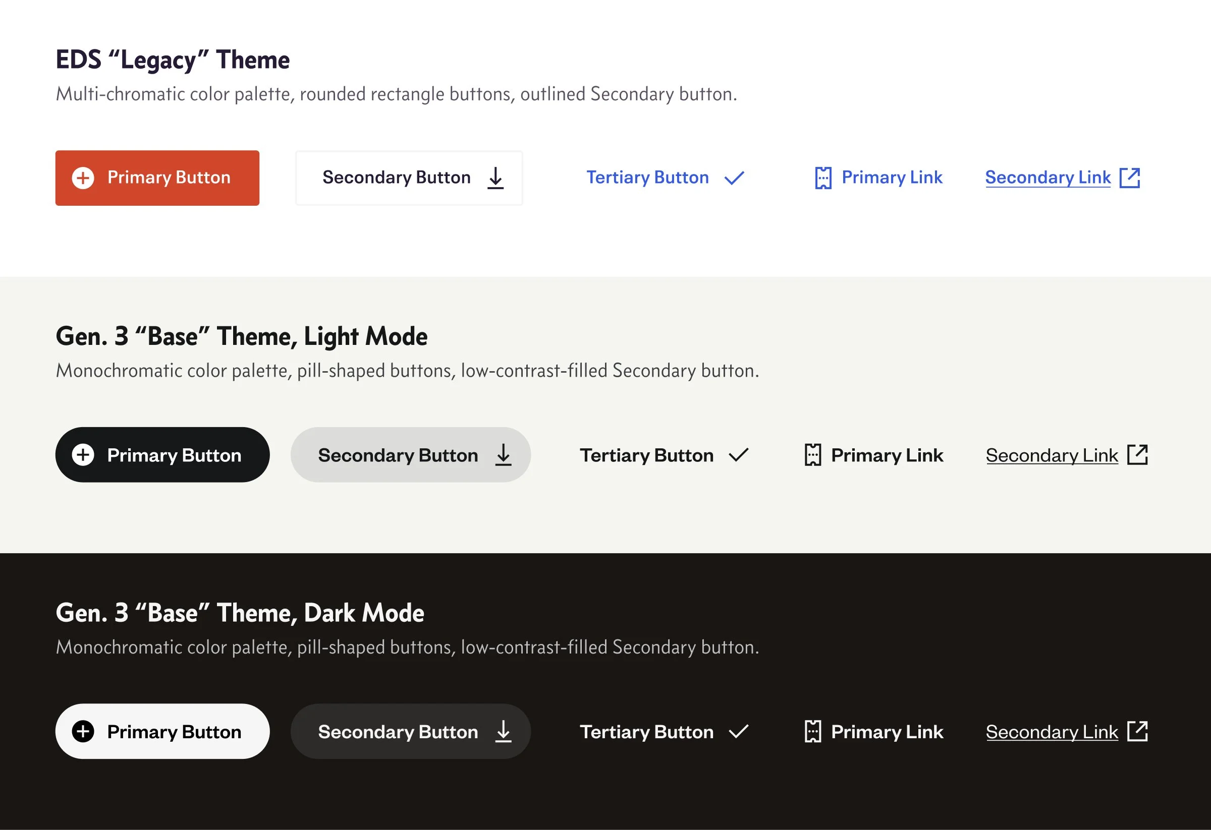 Illustration of brand themes, showing differences in use of color, demonstrated with Buttons