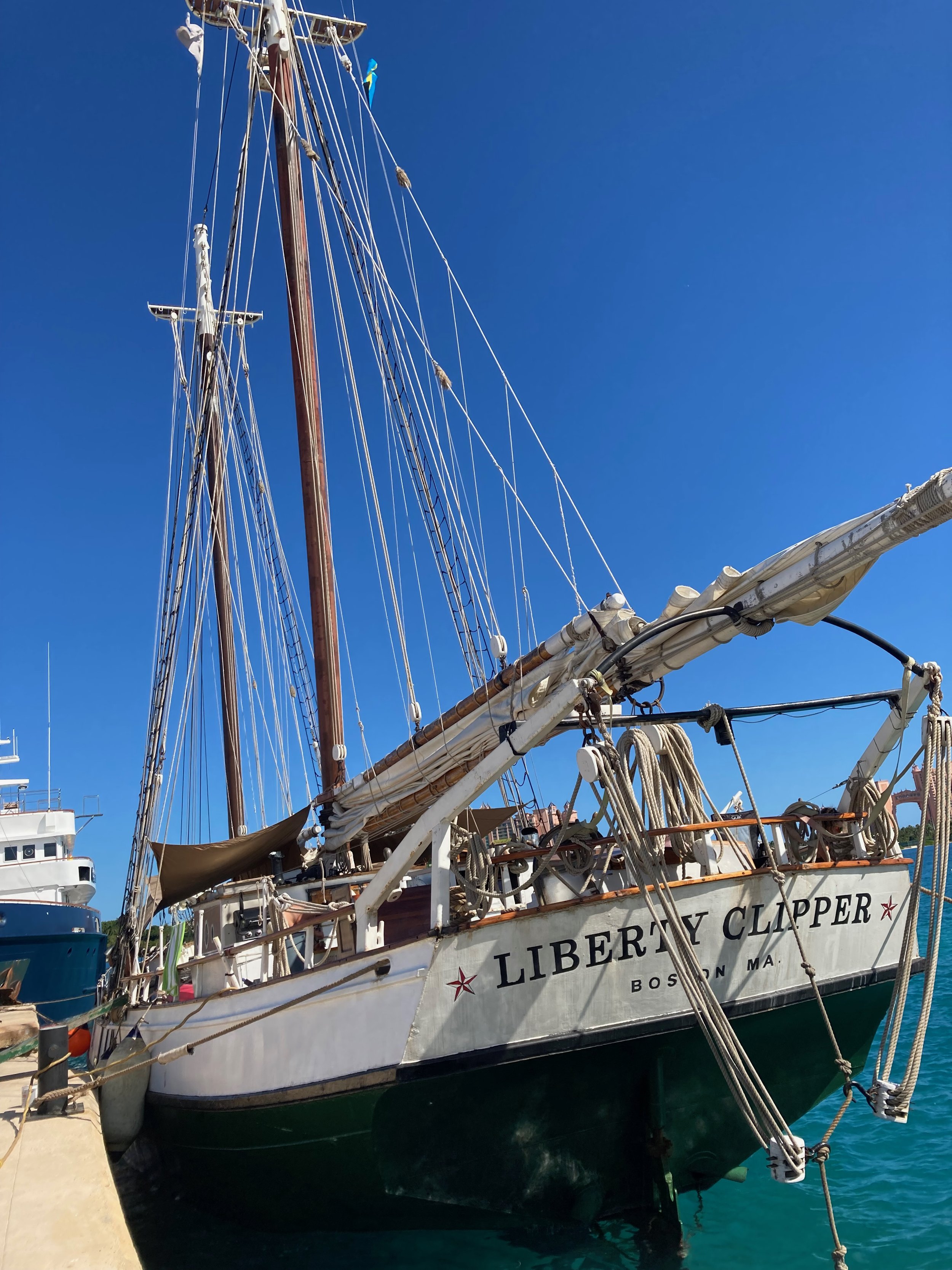 Liberty Clipper at her Home-Away-From-Home summer port, Providence Island, Bahamas.