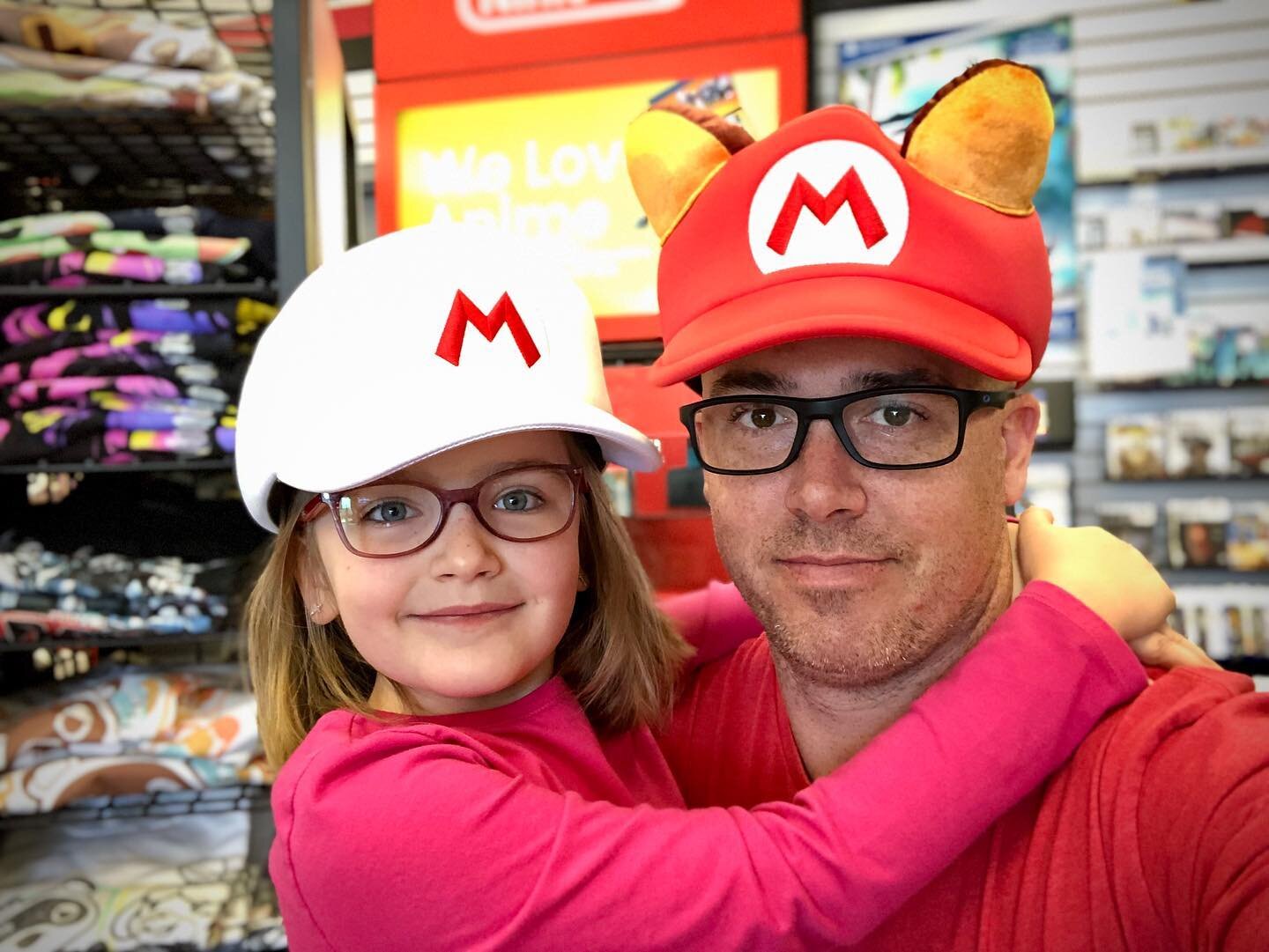 Goofy: sometimes you have to act goofy with the kids. Londyn wanted us to model these hats in GameStop, so we took the time to be goofy with them. 

#countryside_rving #supermariobros #gamestop #justletloose #goofy