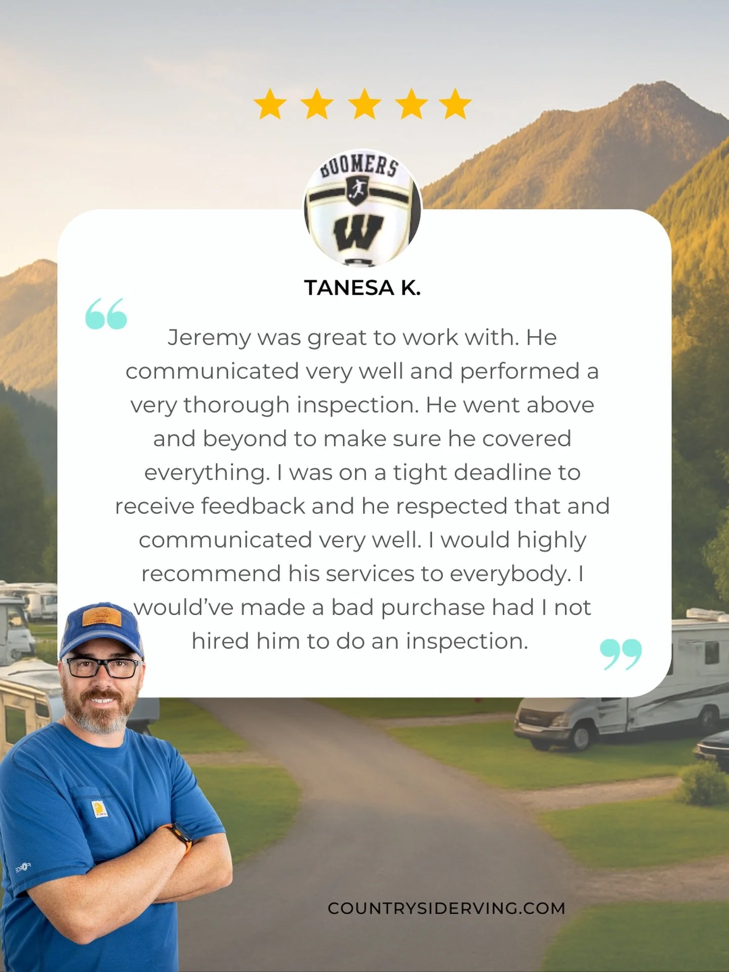 ⭐️⭐️⭐️⭐️⭐️
Buying an RV is a big decision&mdash;and having the right inspection can make all the difference.

I take a lot of pride in being thorough, communicating clearly, and respecting my clients&rsquo; timelines. Hearing feedback like this is ex