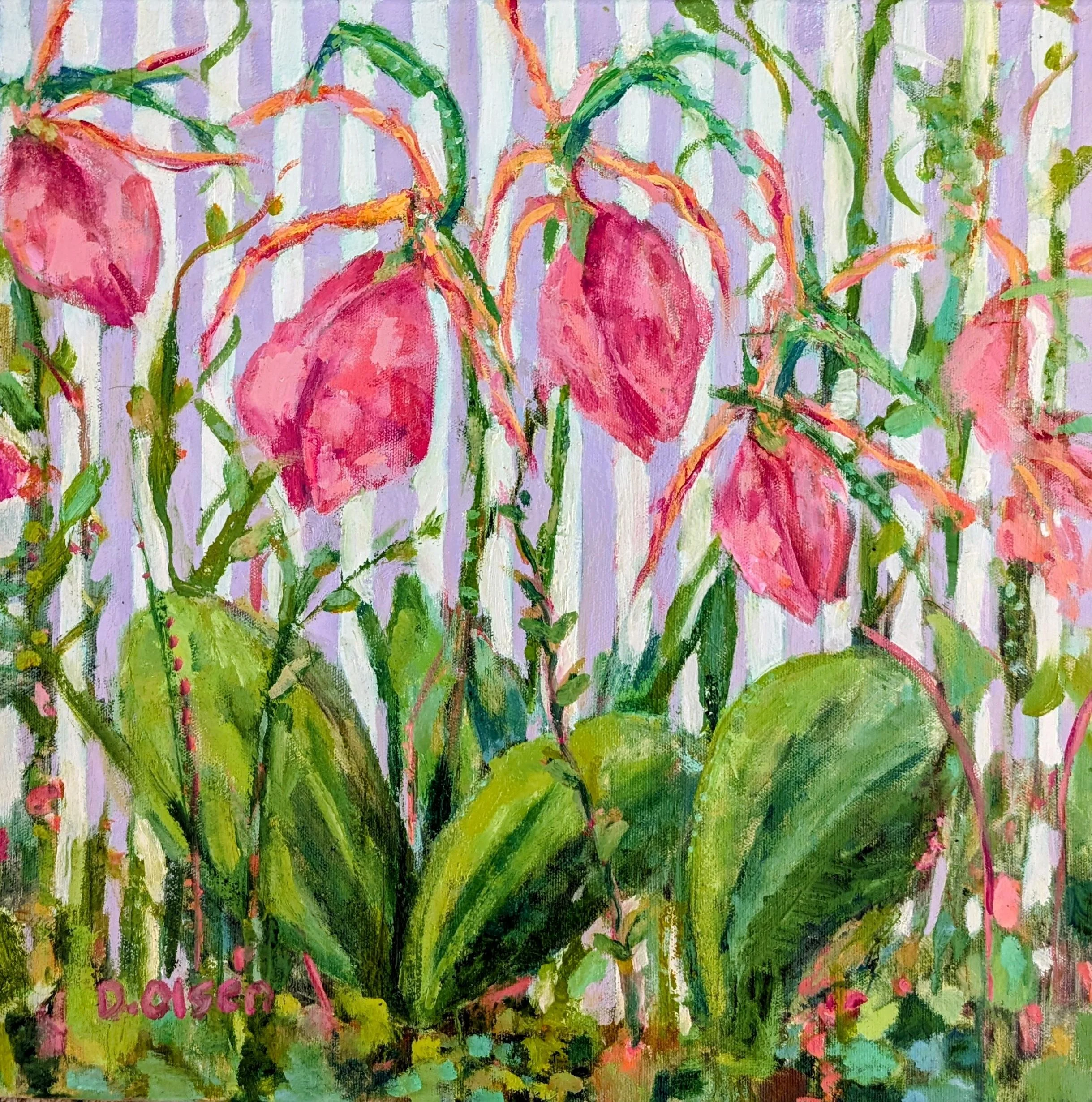 Pink Lady Slipper Dance Party. 16 x 16 oil. $800