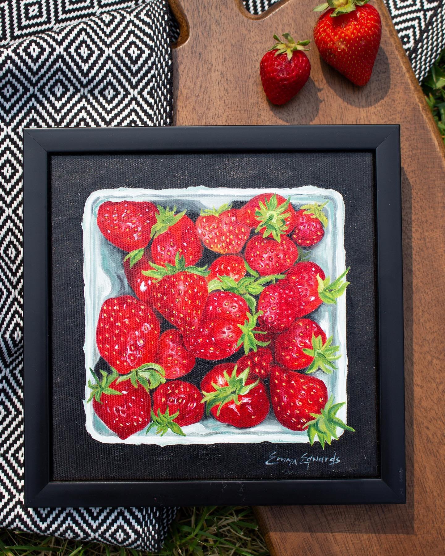 A summer favorite&mdash; this carton of strawberries painting! 🍓🍓 
.
I showed many process photos on my stories while creating this painting and I&rsquo;m so happy with how it turned out. I wanted them to be very realistic! 
.
8x8 oil on canvas 
.
