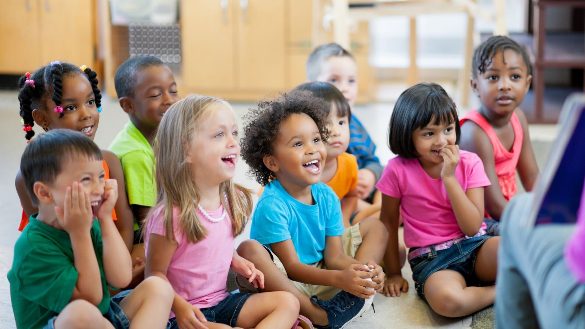Service children. Emotion Development for preschoolers. Happy children in Kindergarten Black and White photo.